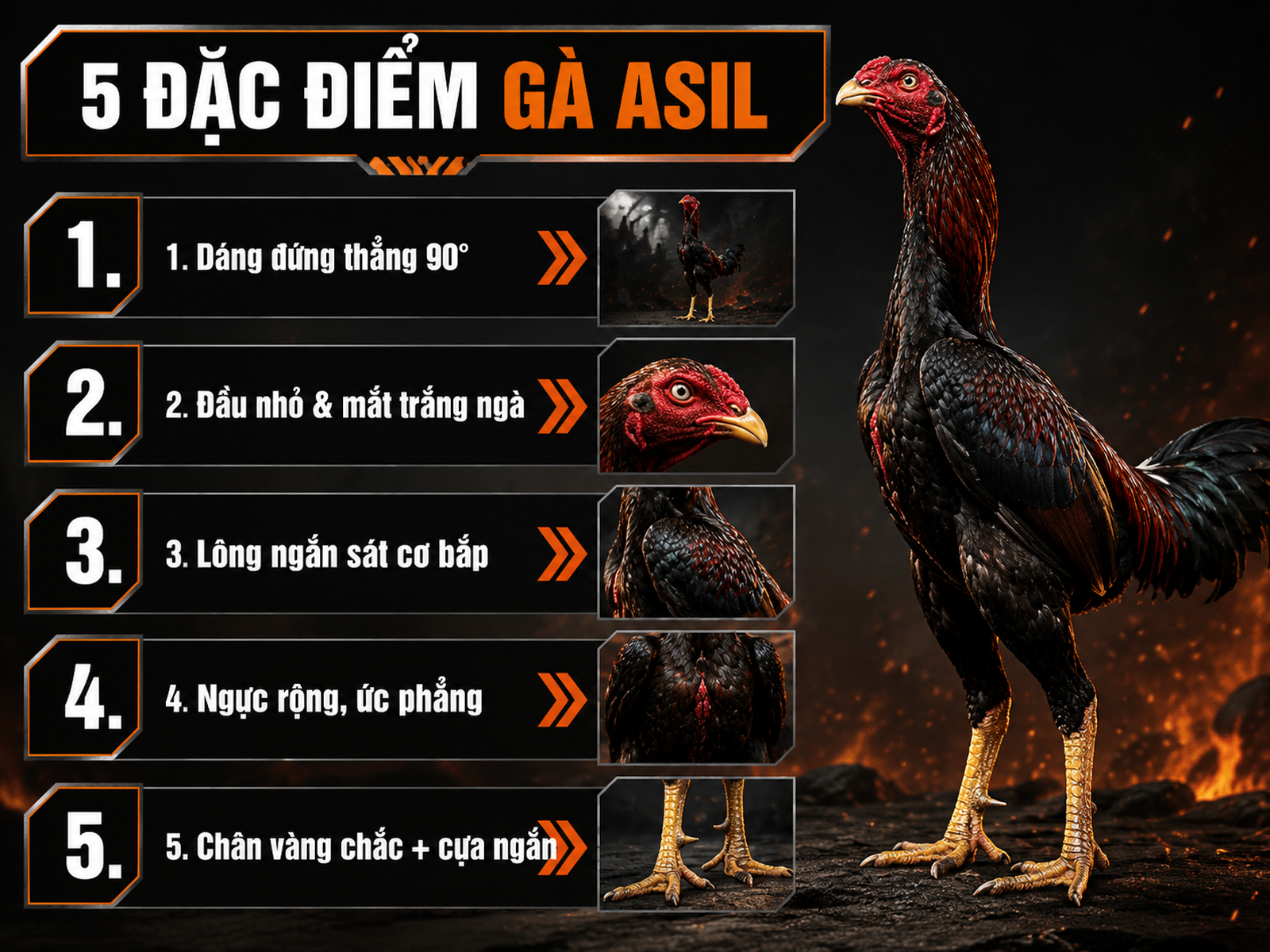 Minh hoạ 5 đặc điểm ngoại hình của gà Asil thuần chủng Việt Nam