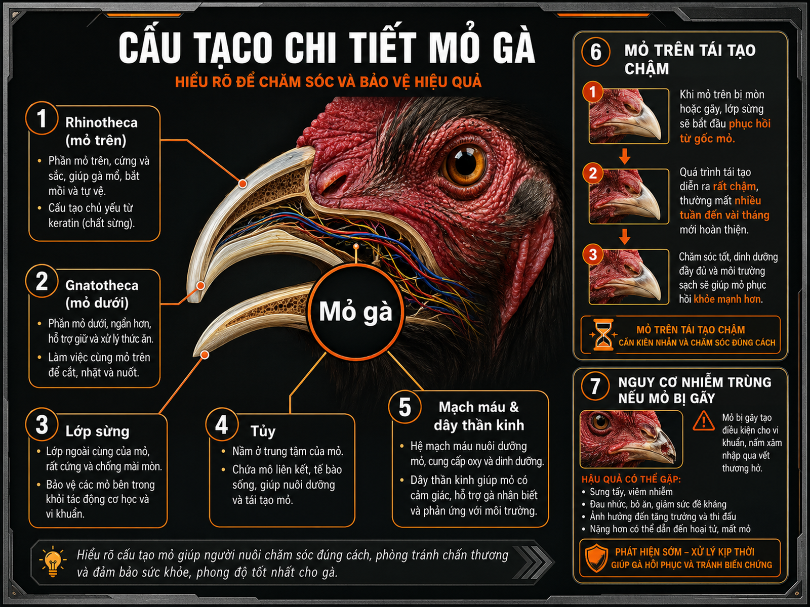 Hình minh hoạ cấu trúc mỏ gà, phân biệt mỏ trên và mỏ dưới, nhãn giải thích nguy cơ gãy mỏ trên