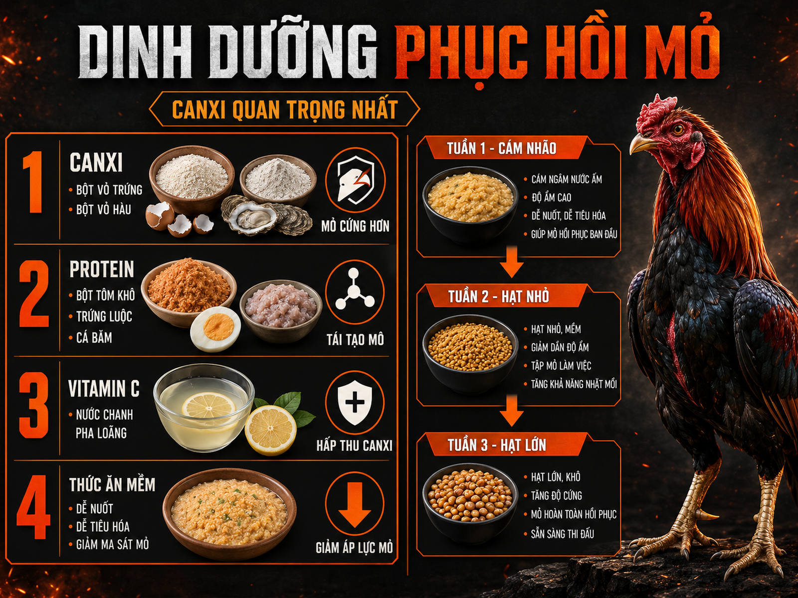 Infographic dinh dưỡng giúp gà gãy mỏ trên phục hồi nhanh với canxi protein vitamin C và lộ trình ăn mềm đến cứng