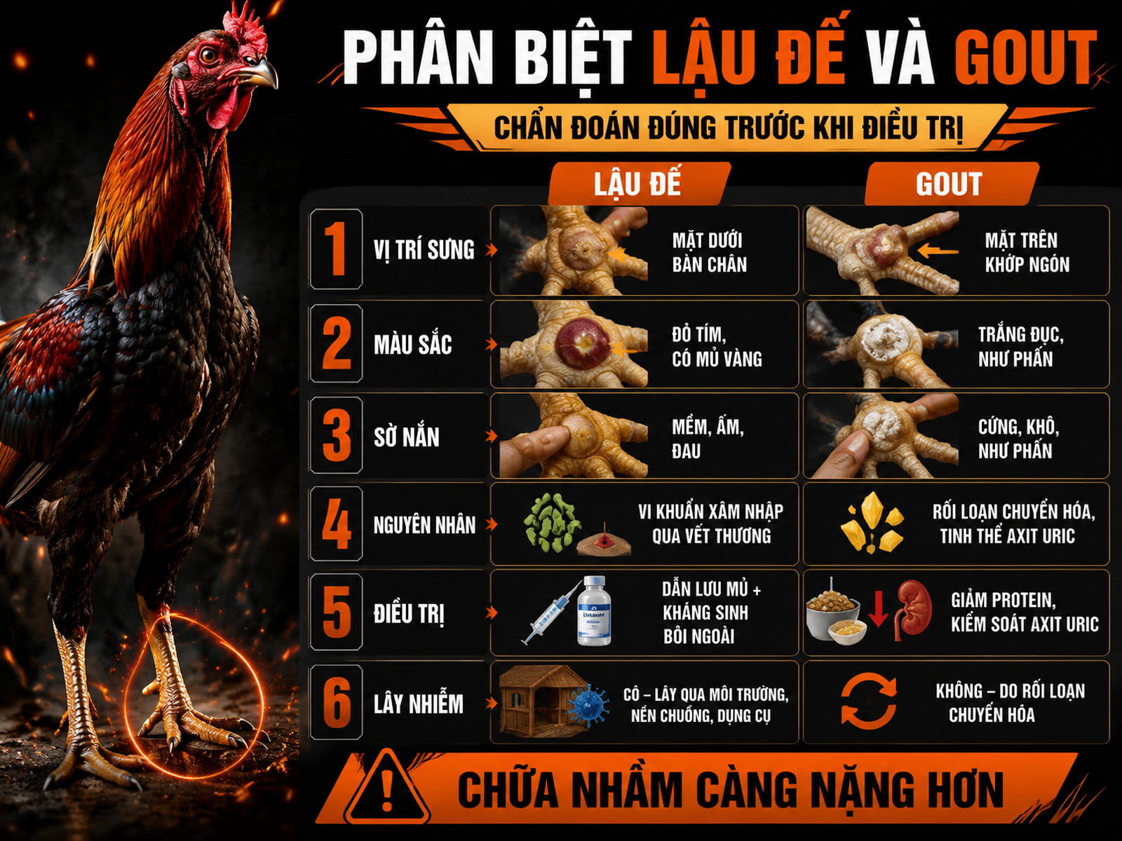Infographic phân biệt lậu đế và Gout ở gà đá qua vị trí sưng, cảm giác sờ nắn, nguyên nhân và hướng điều trị.