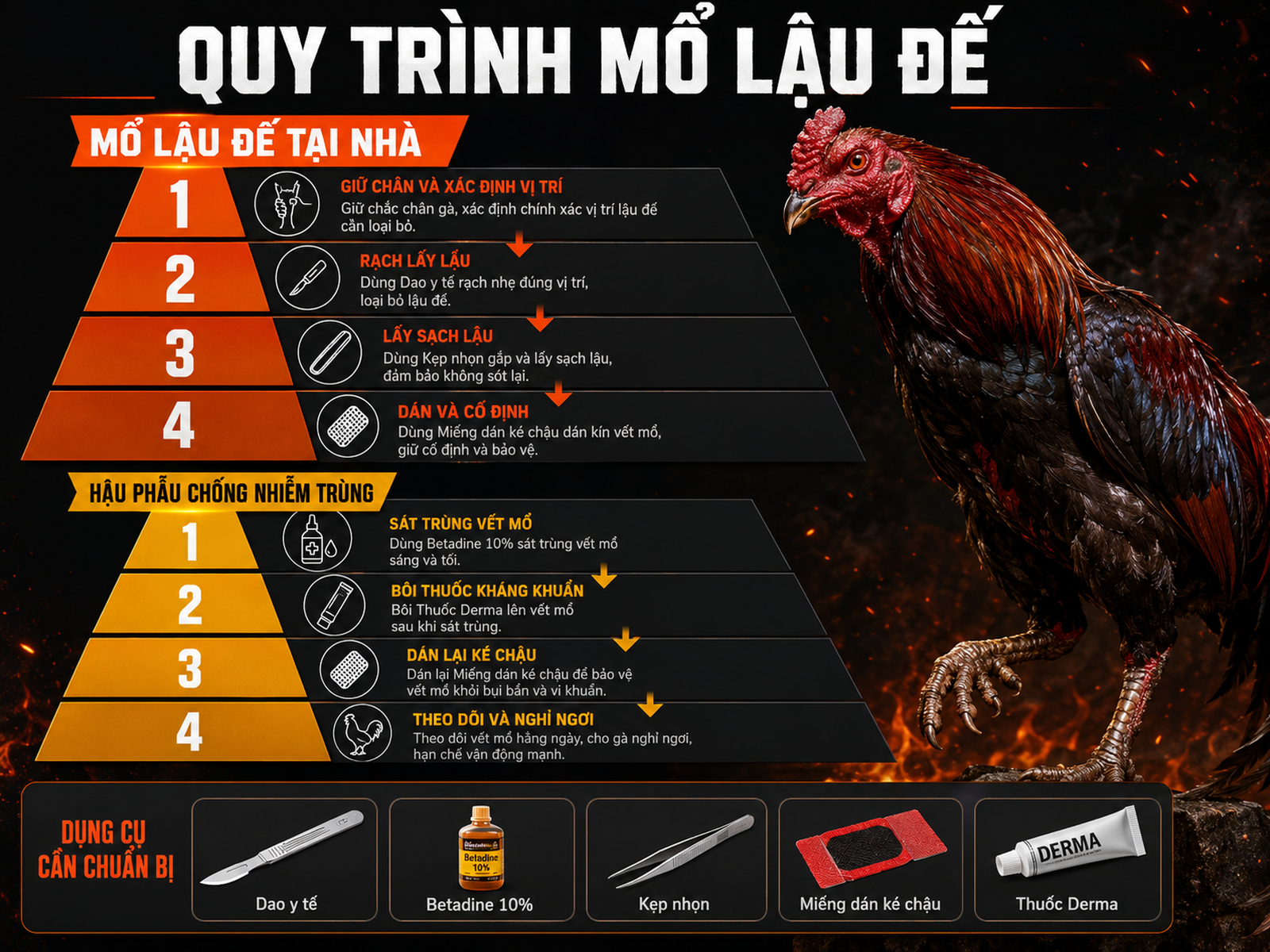 Hình infographic hướng dẫn mổ lậu đế và chăm sóc sau mổ cho gà chiến tại nhà
