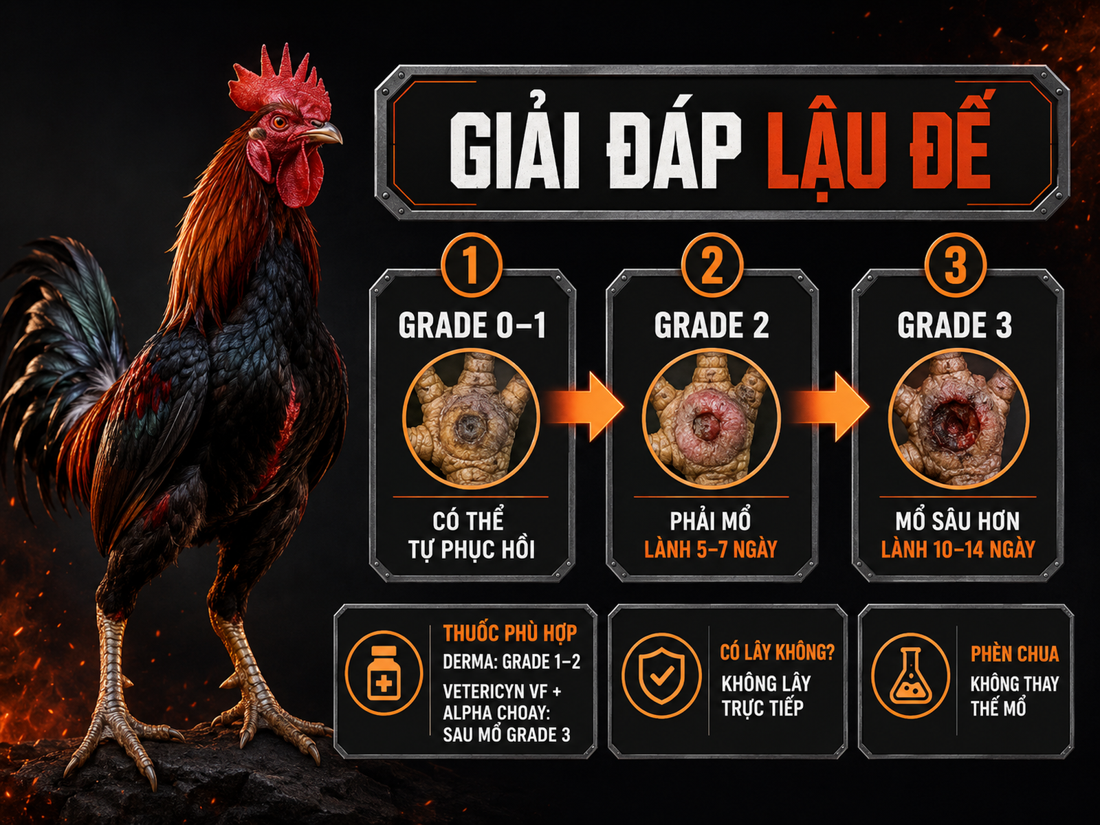 Infographic FAQ lậu đế gà đá: khi nào tự khỏi, khi nào phải mổ, thời gian lành và thuốc phù hợp