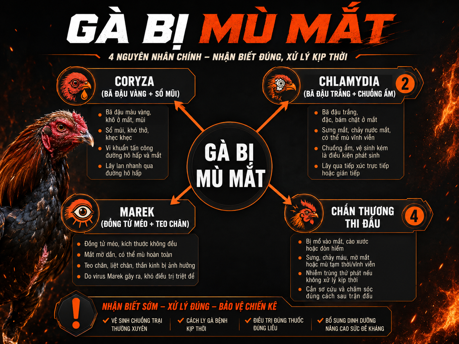 So sánh nguyên nhân và dấu hiệu gà bị mù mắt, nhận biết và sơ đồ điều trị