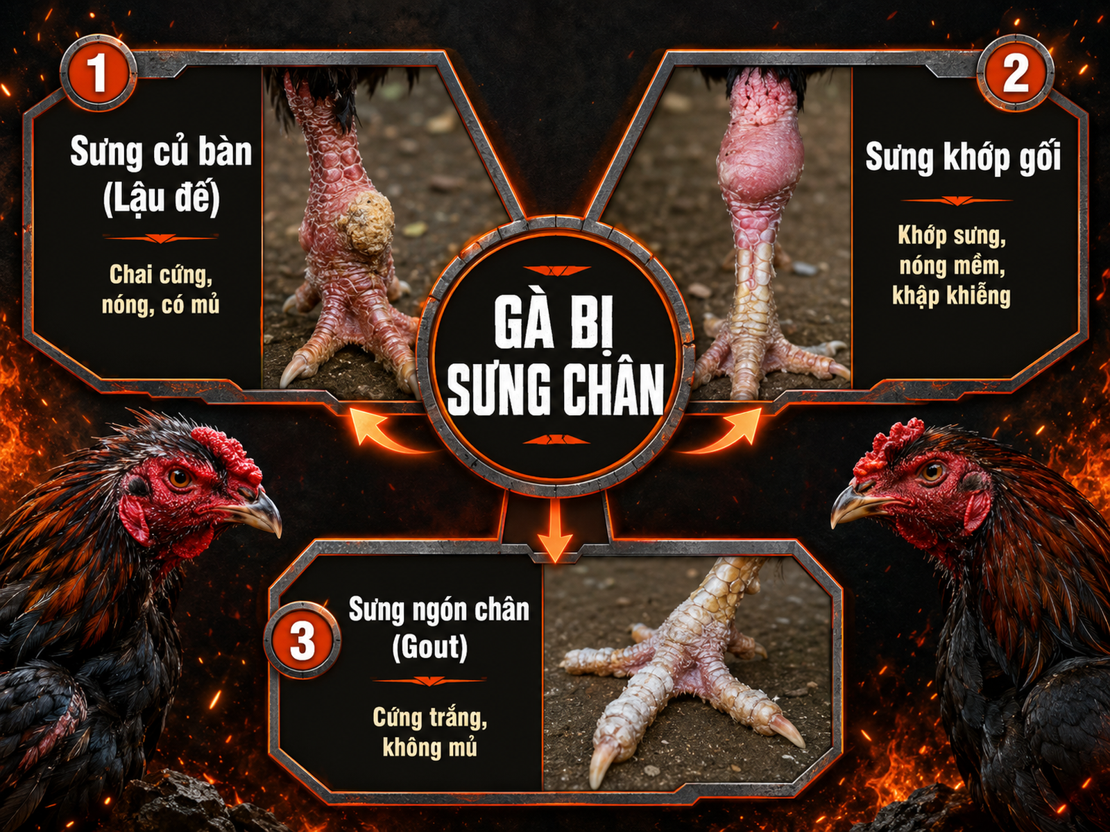 So sánh ba loại sưng chân gà chiến: lậu đế, viêm khớp, gout, kèm nhãn giải thích triệu chứng