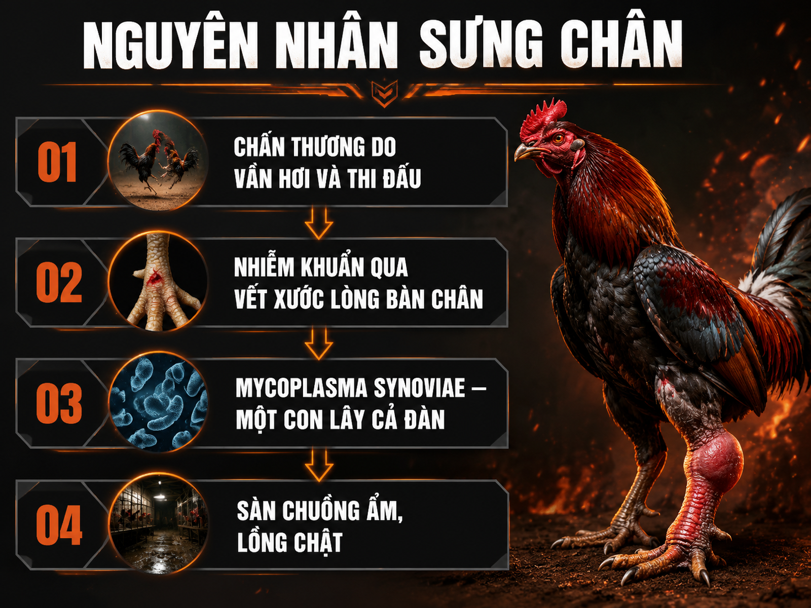 Nguyên nhân gà chiến sưng chân: chấn thương, nhiễm khuẩn, Mycoplasma, sàn ẩm