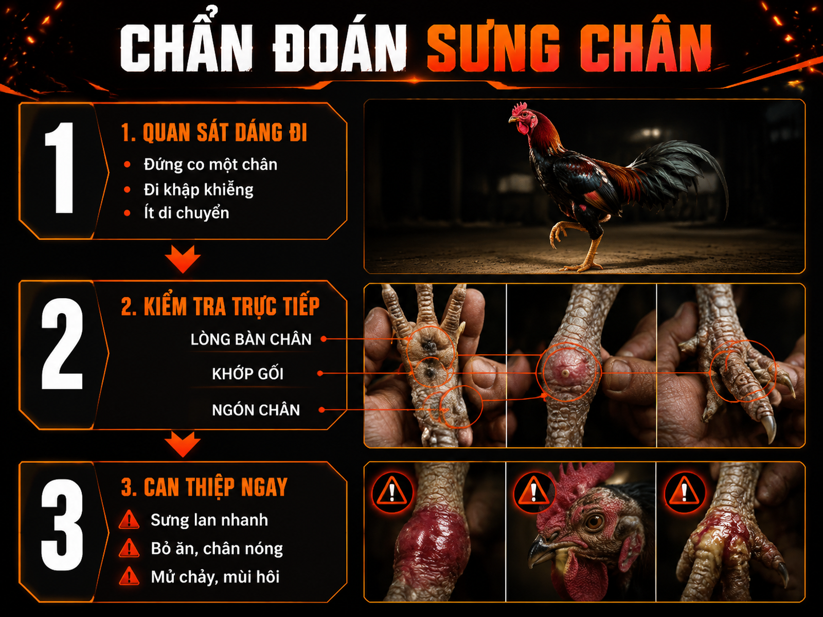 Infographic chẩn đoán gà bị sưng chân tại nhà: quan sát dáng đi, kiểm tra lòng bàn chân, khớp gối, ngón chân và các dấu hiệu nguy hiểm cần xử lý ngay.
