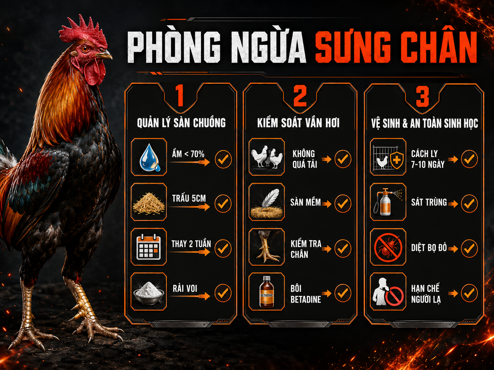 Infographic phòng ngừa gà bị sưng chân bằng quản lý sàn chuồng, tập luyện đúng cách và vệ sinh an toàn sinh học