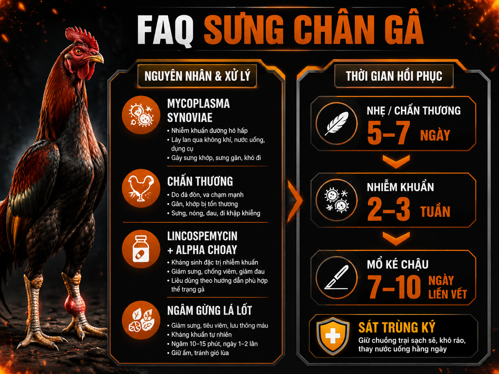 Infographic câu hỏi thường gặp về gà bị sưng chân: nguyên nhân, cách xử lý và thời gian hồi phục