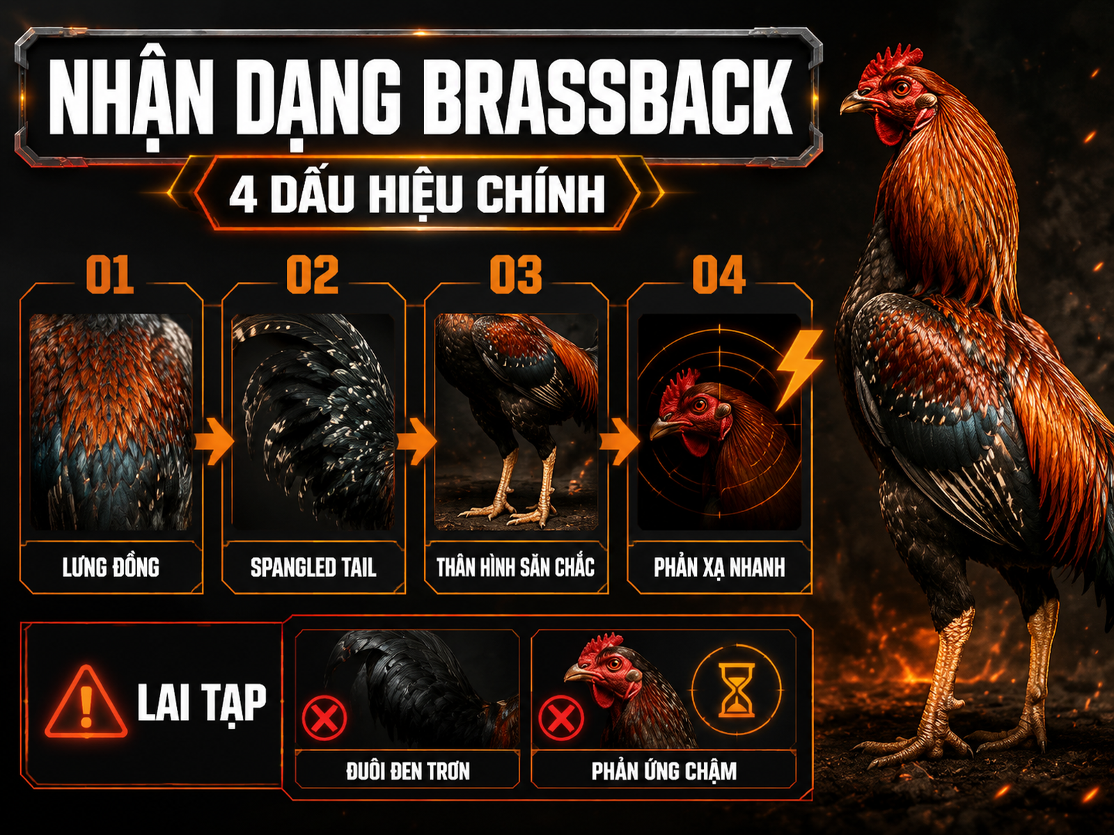 Infographic nhận dạng gà Brassback thuần với lưng đồng, đuôi Spangled Tail, thân hình săn chắc và phản xạ nhanh