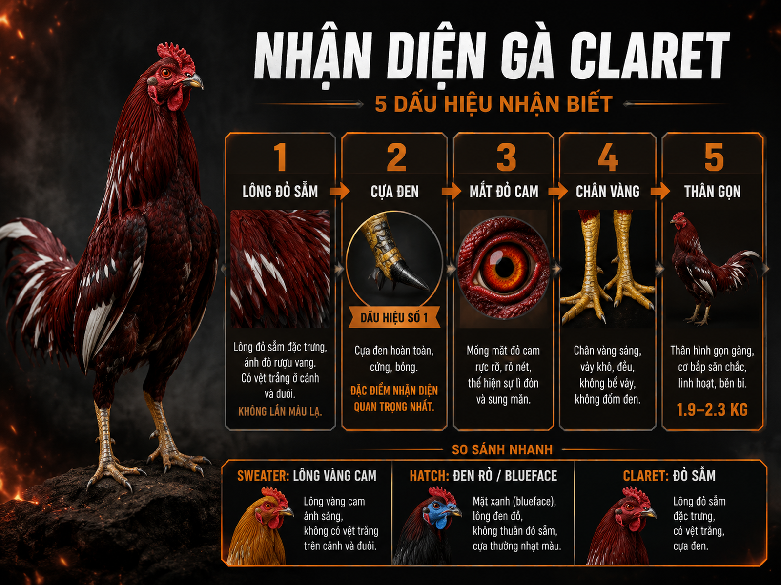 Infographic nhận biết gà Claret thuần chủng qua lông đỏ sẫm, cựa đen, mắt đỏ cam, chân vàng và thân gọn