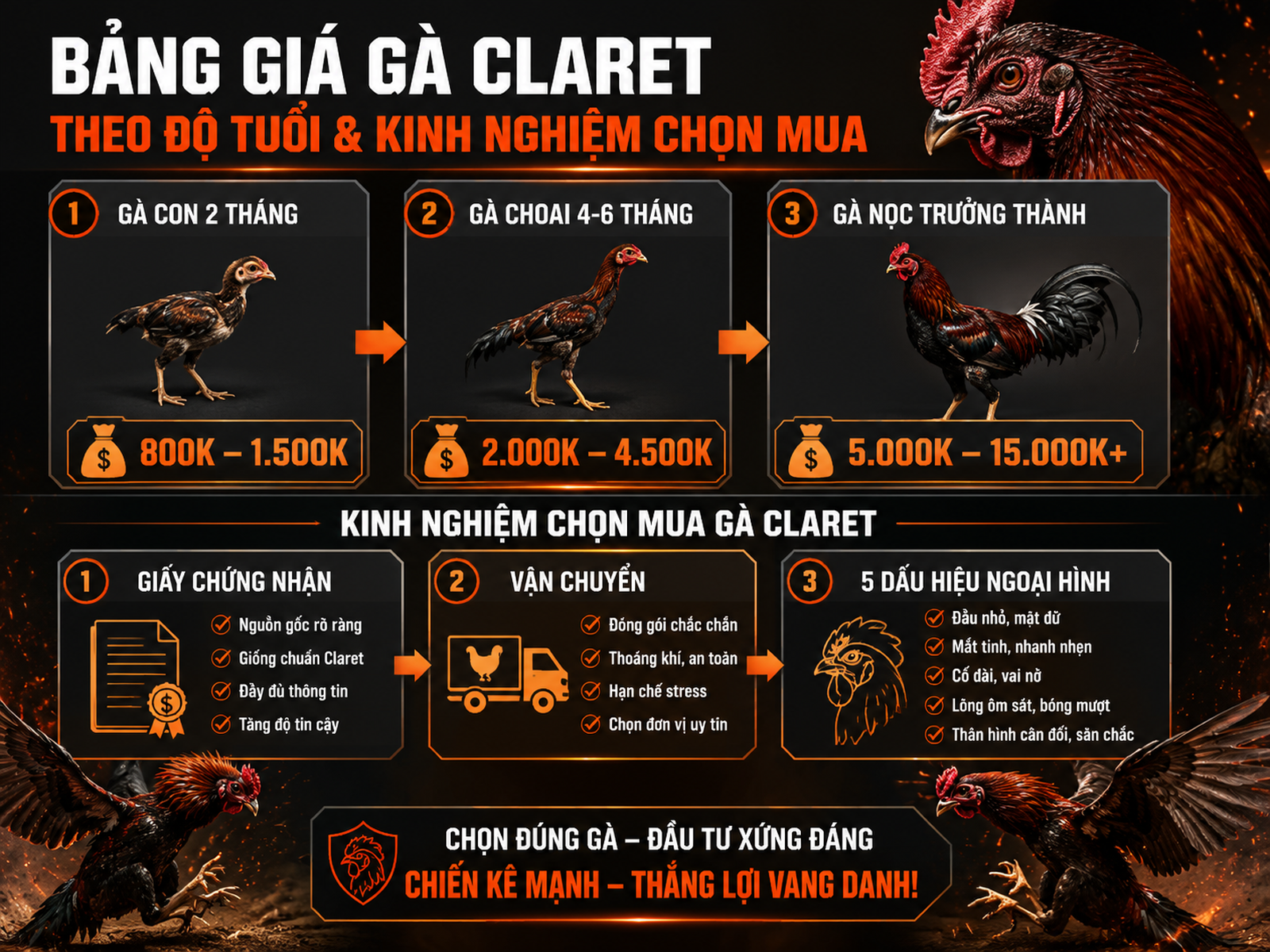 Bảng giá và checklist chọn mua gà Claret, minh họa từng độ tuổi, giấy tờ và vận chuyển