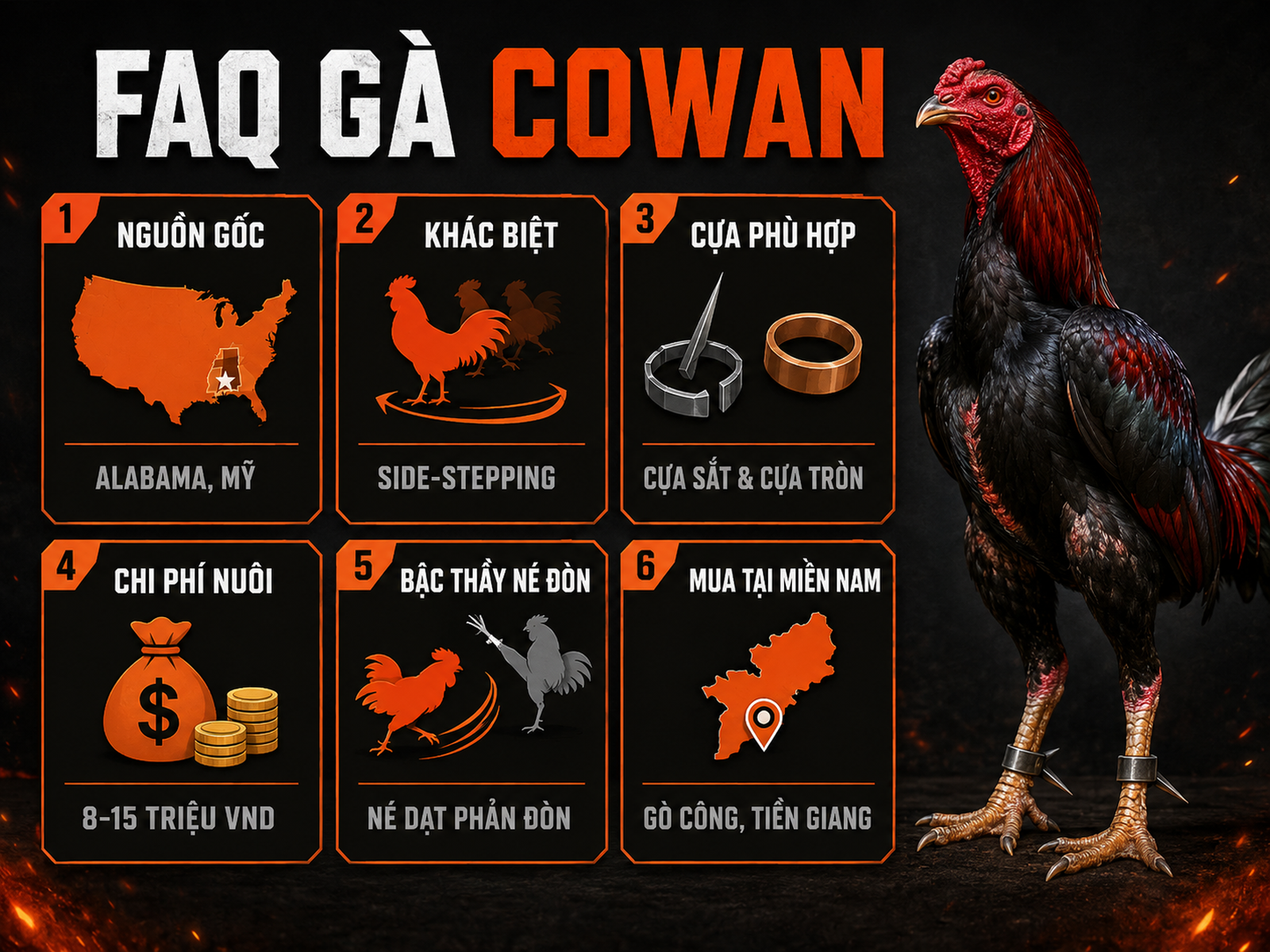 Infographic FAQ gà Cowan Roundhead về nguồn gốc, lối đá side-stepping, chi phí nuôi và đặc điểm nổi bật