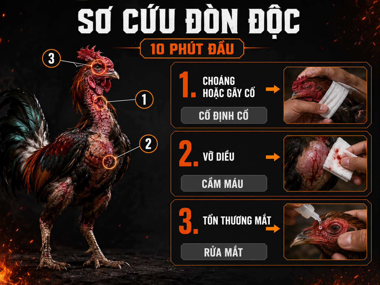 Infographic sơ cứu gà đá trúng đòn độc gồm choáng gãy cổ, vỡ diều và tổn thương mắt cùng cách xử lý 10 phút đầu