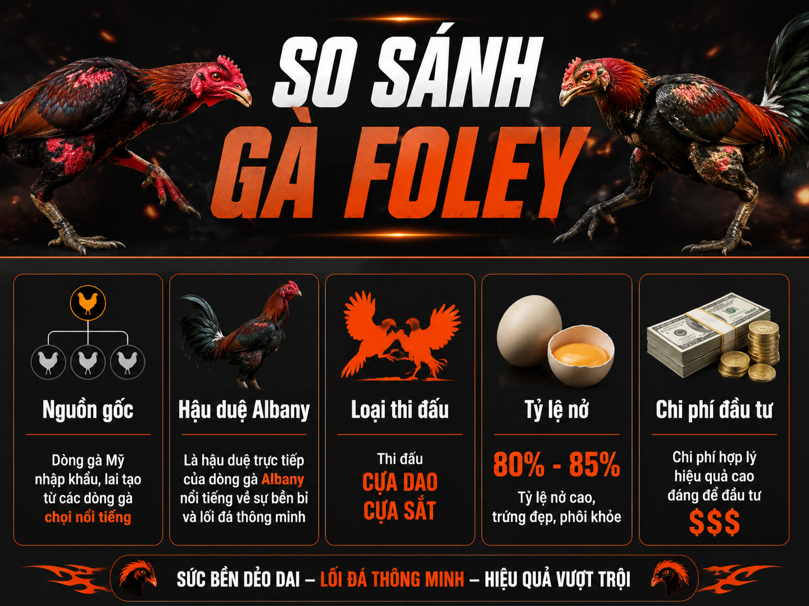 So sánh chi tiết gà Foley: nguồn gốc, dòng Albany, thi đấu, tỷ lệ nở, chi phí nuôi.