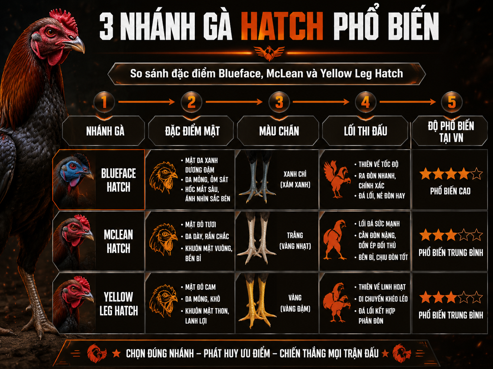 3 Nhánh Gà Hatch Phổ Biến: Blueface, McLean, Yellow Leg