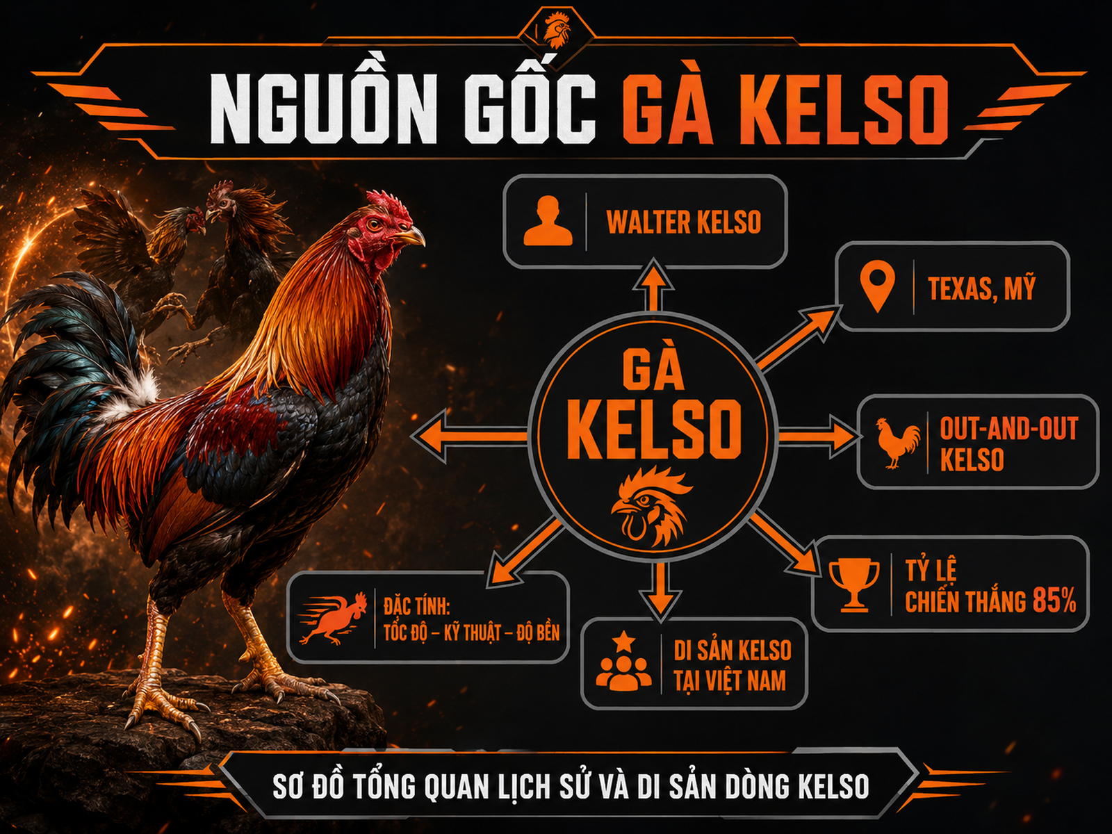 Sơ đồ nguồn gốc và lịch sử dòng gà Kelso, thể hiện các nhánh Walter Kelso, Texas, Out-and-Out Kelso, chiến thắng, di sản Việt Nam