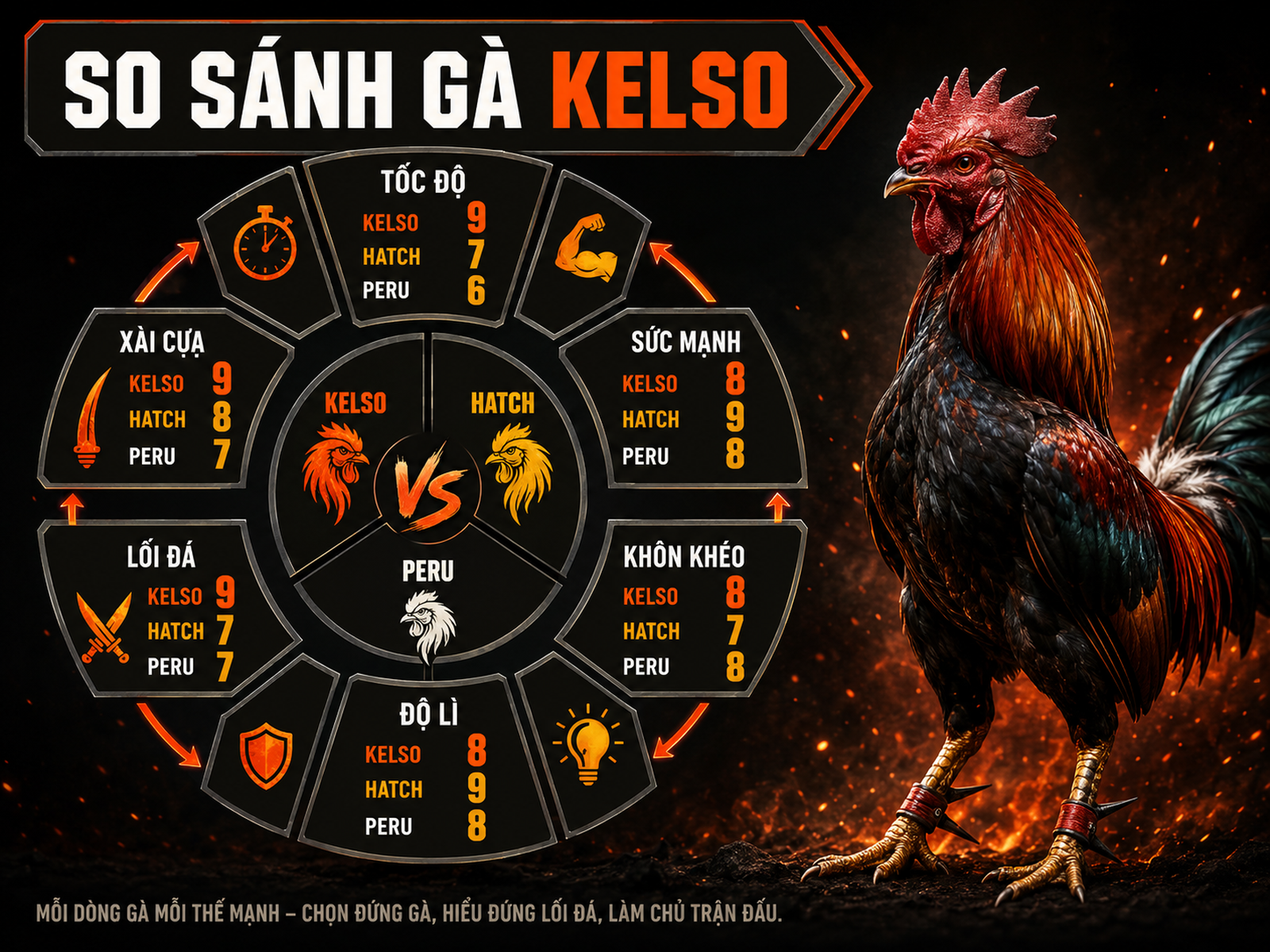 So sánh các dòng gà Kelso, Hatch và Peru qua tốc độ, sức mạnh, khôn khéo, độ lì, lối đá và xài cựa