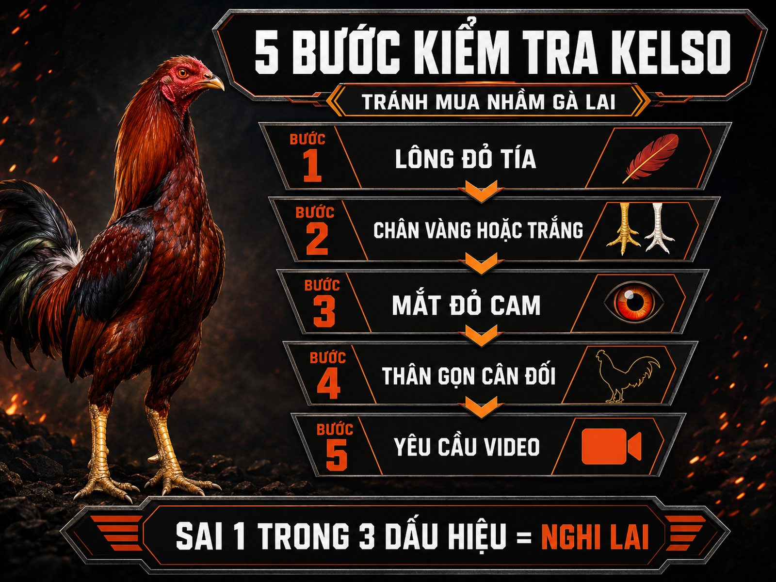 Infographic 5 bước kiểm tra gà Kelso thuần chủng qua lông chân mắt thân hình và video xác minh