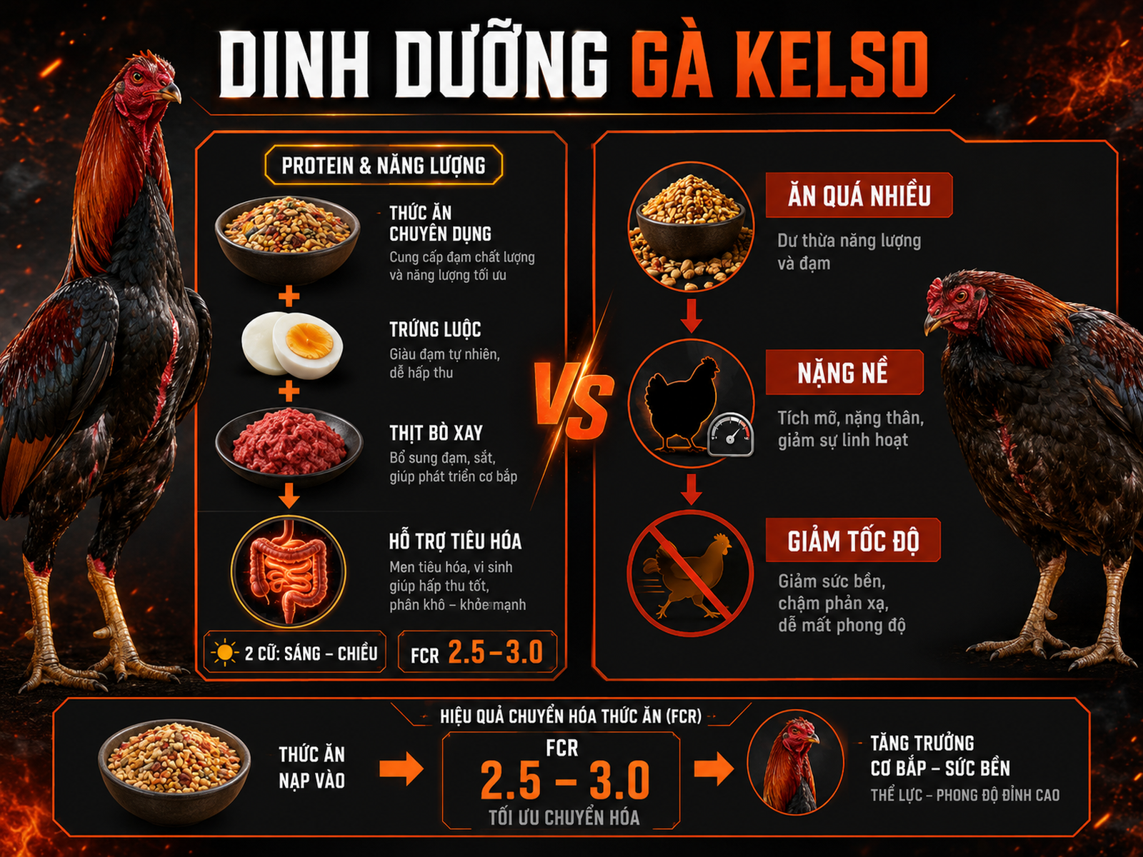 Infographic dinh dưỡng và chăm sóc gà Kelso với khẩu phần protein cao, lịch ăn hai cữ và FCR lý tưởng