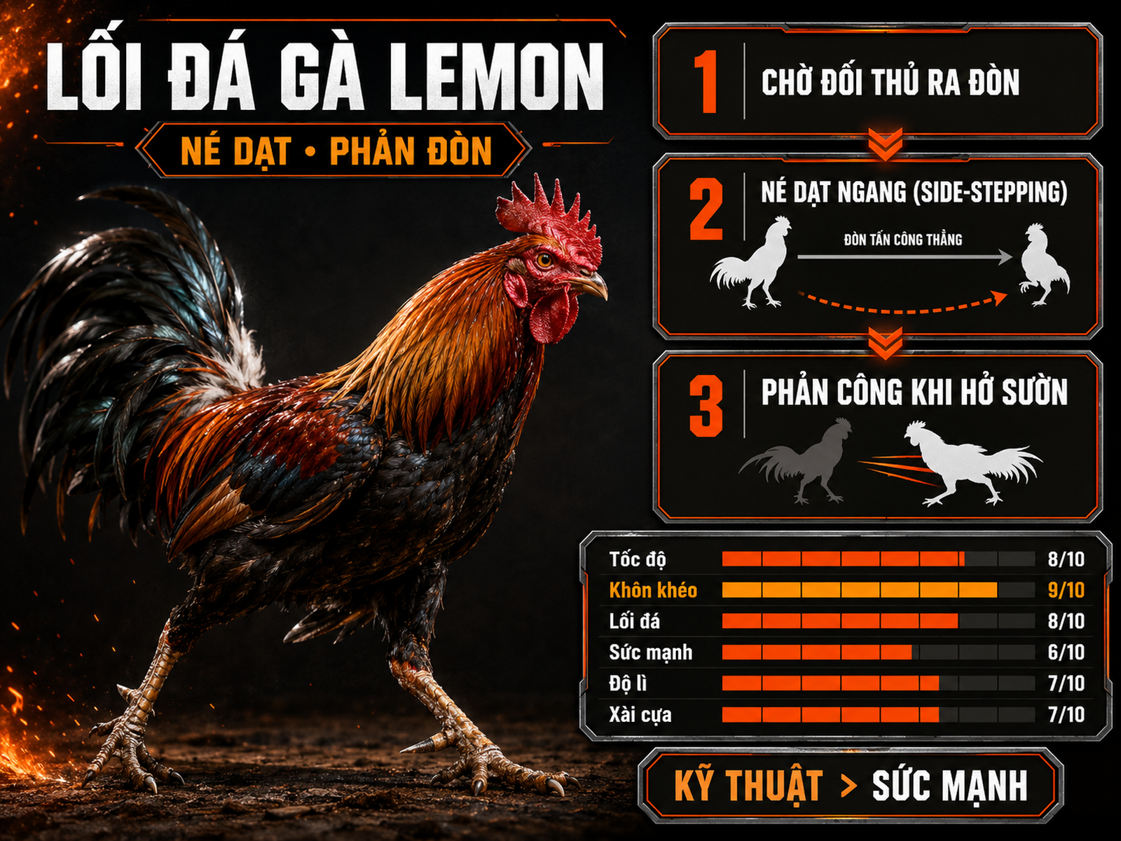 Infographic phong cách thi đấu gà Lemon với kỹ thuật né dạt phản công và bảng chỉ số tốc độ, khôn khéo, sức mạnh