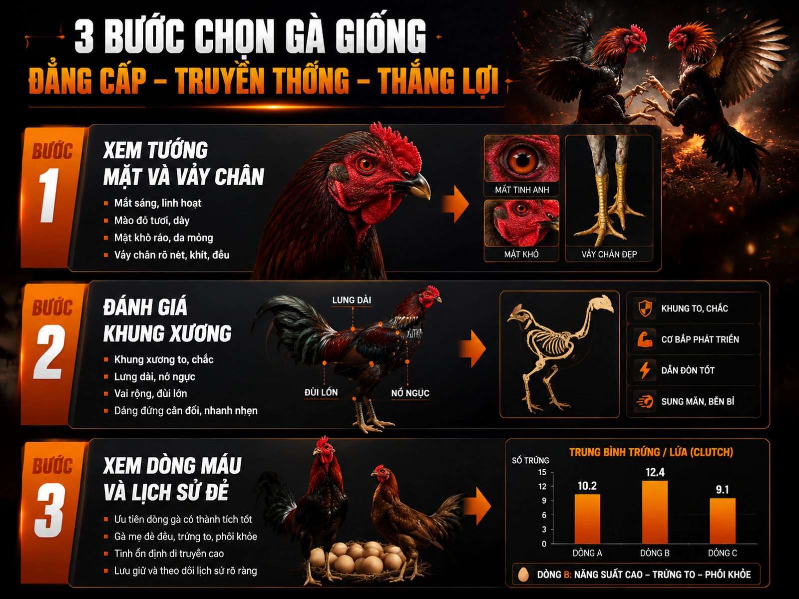 Hướng dẫn chọn gà mái nòi tốt làm giống, 3 bước, hình minh họa từng bước, số lượng trứng/lứa, gà nòi Việt