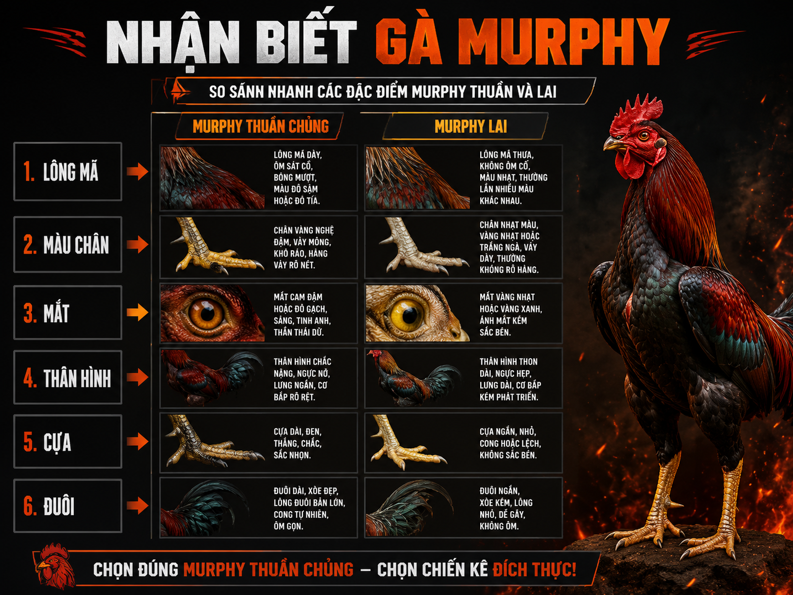 So sánh gà Murphy thuần chủng và Murphy lai qua lông, mắt, chân, thân hình, cựa và đuôi