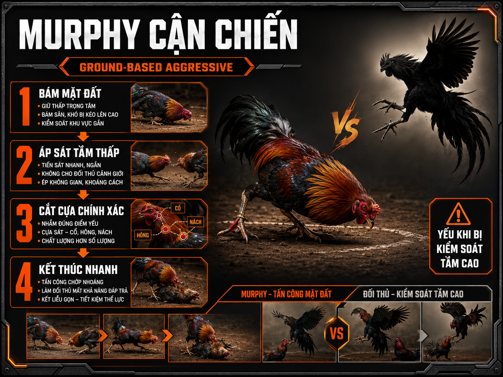 Infographic phong cách chiến đấu gà Murphy ground-based và kỹ năng cắt cựa chính xác