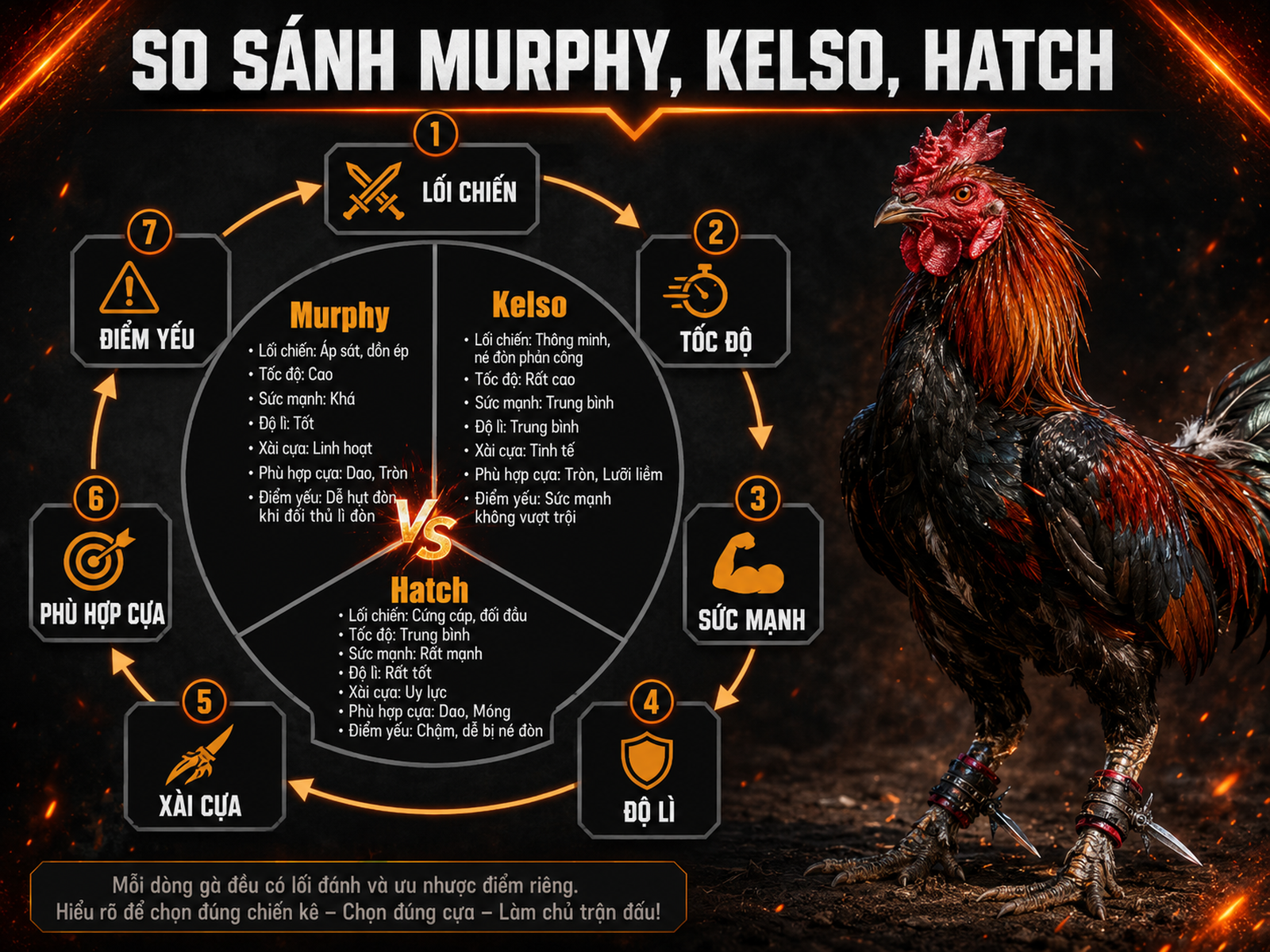 <vi SEO>So sánh ba dòng gà chiến Murphy, Kelso, Hatch theo đặc điểm chiến đấu, tốc độ, sức mạnh và kỹ thuật cựa</vi>