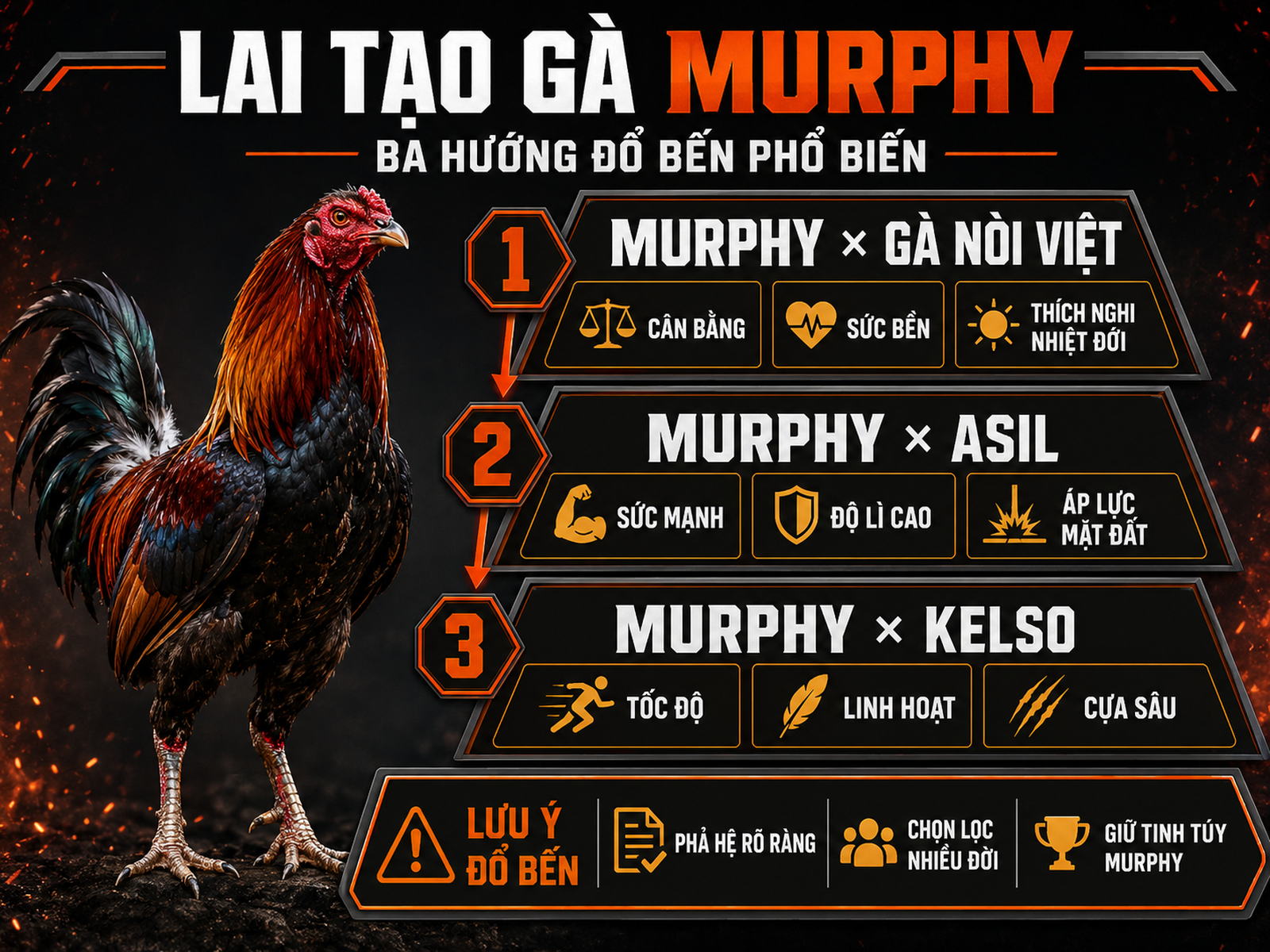 Infographic lai tạo gà Murphy tại Việt Nam với Murphy x Gà Nòi Việt, Asil và Kelso theo kỹ thuật đổ bến chọn lọc.