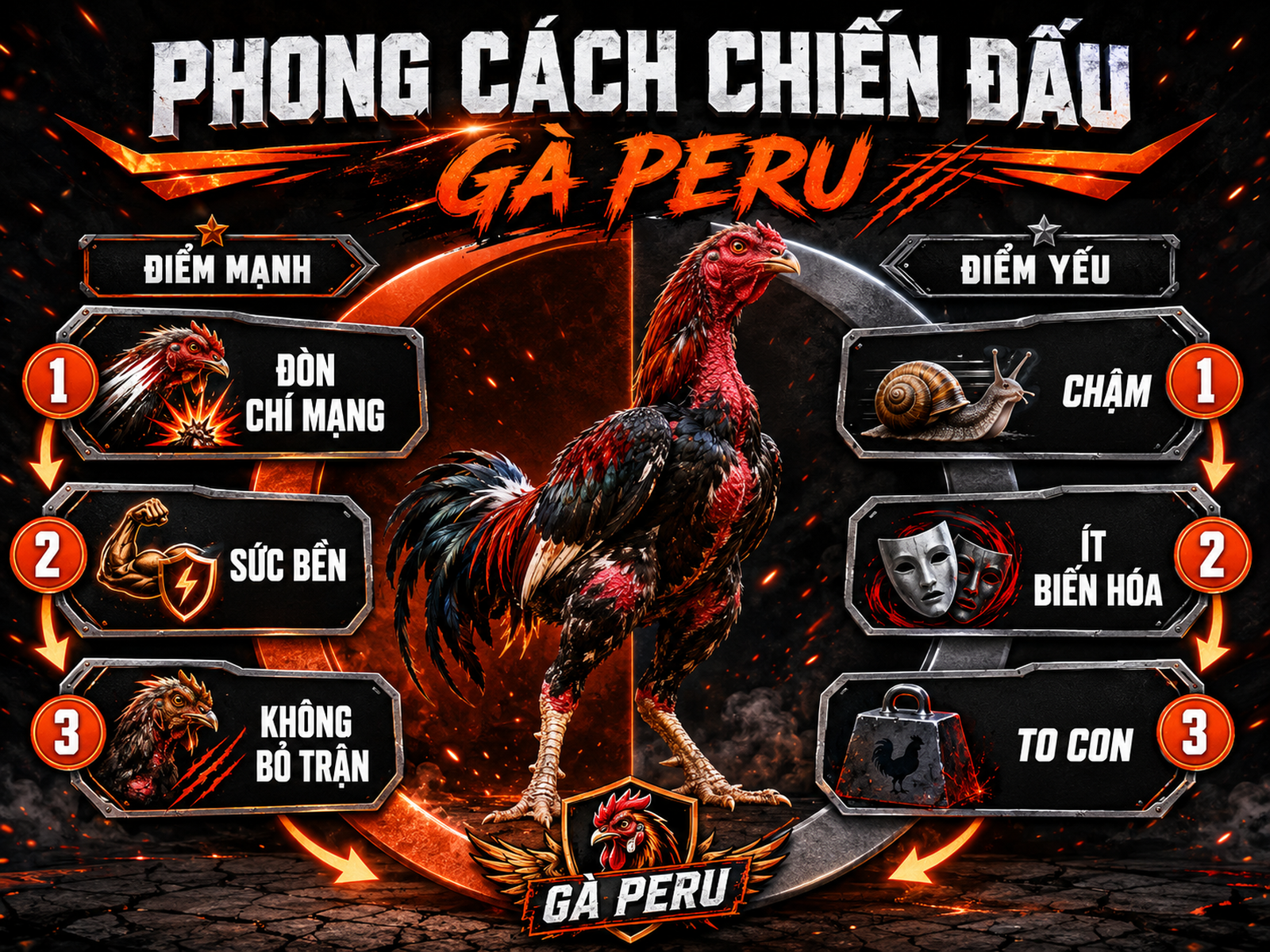 Infographic so sánh điểm mạnh và điểm yếu chiến đấu của gà Peru với phong cách poster dark combat