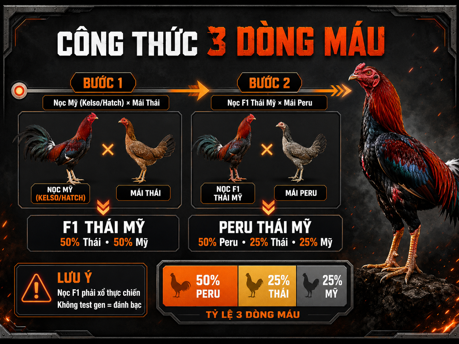 Sơ đồ lai tạo gà Peru Thái Mỹ chuẩn 3 dòng máu với tỷ lệ 50% Peru 25% Thái 25% Mỹ