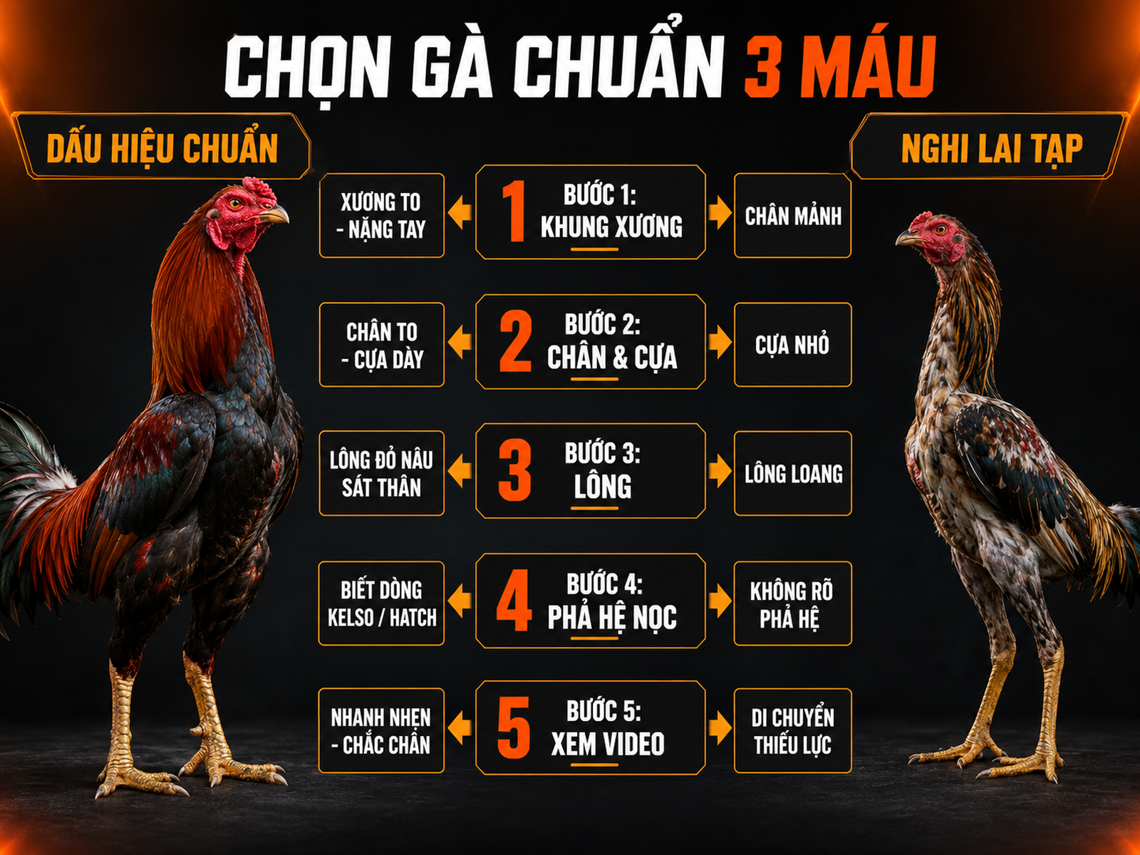 Infographic cách chọn gà Peru Thái Mỹ chuẩn 3 máu với 5 bước kiểm tra khung xương, chân cựa, lông, phả hệ và vận động