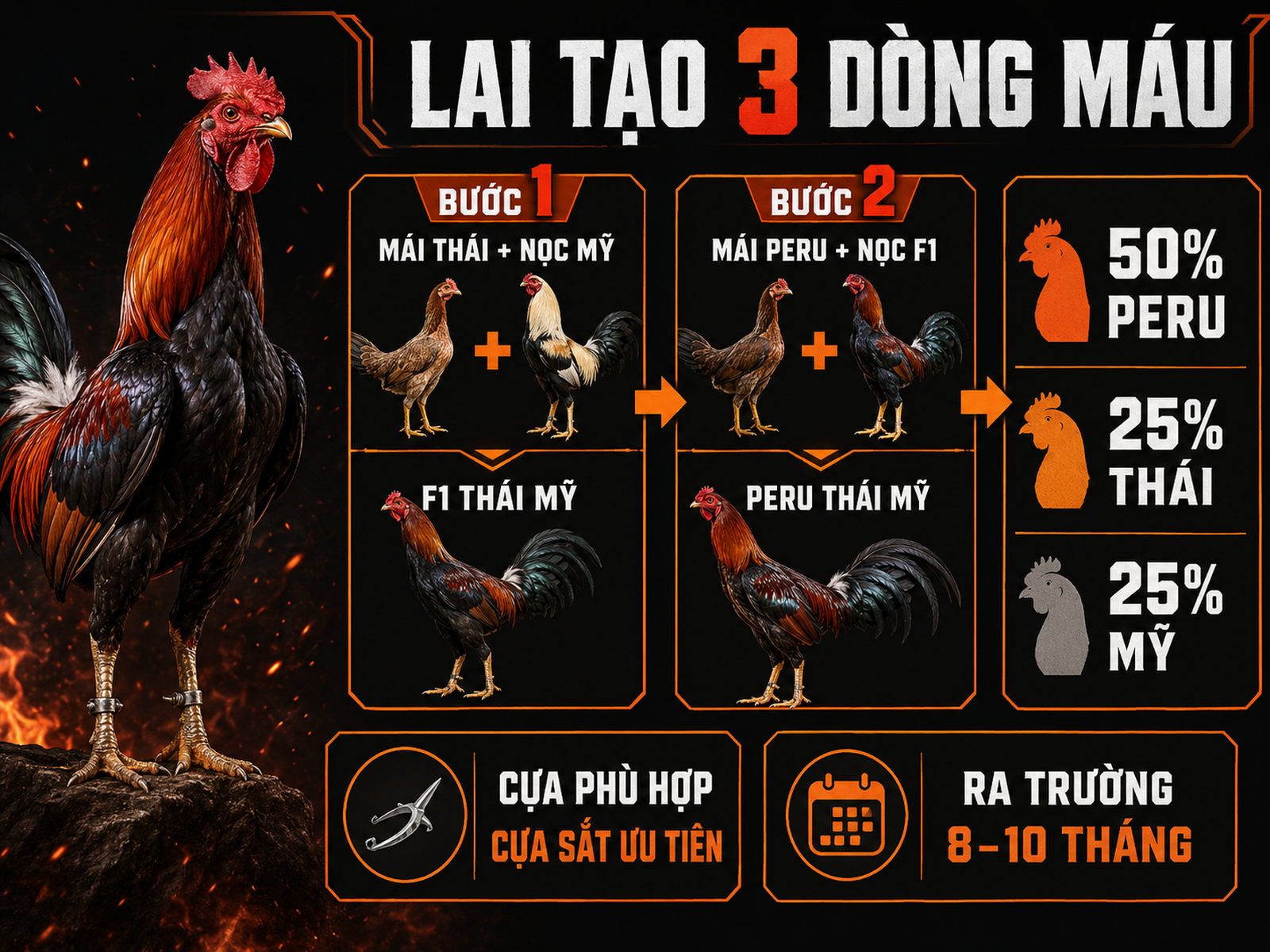 Infographic công thức lai tạo gà Peru Thái Mỹ 3 dòng máu chuẩn với tỷ lệ gen và mốc phát triển