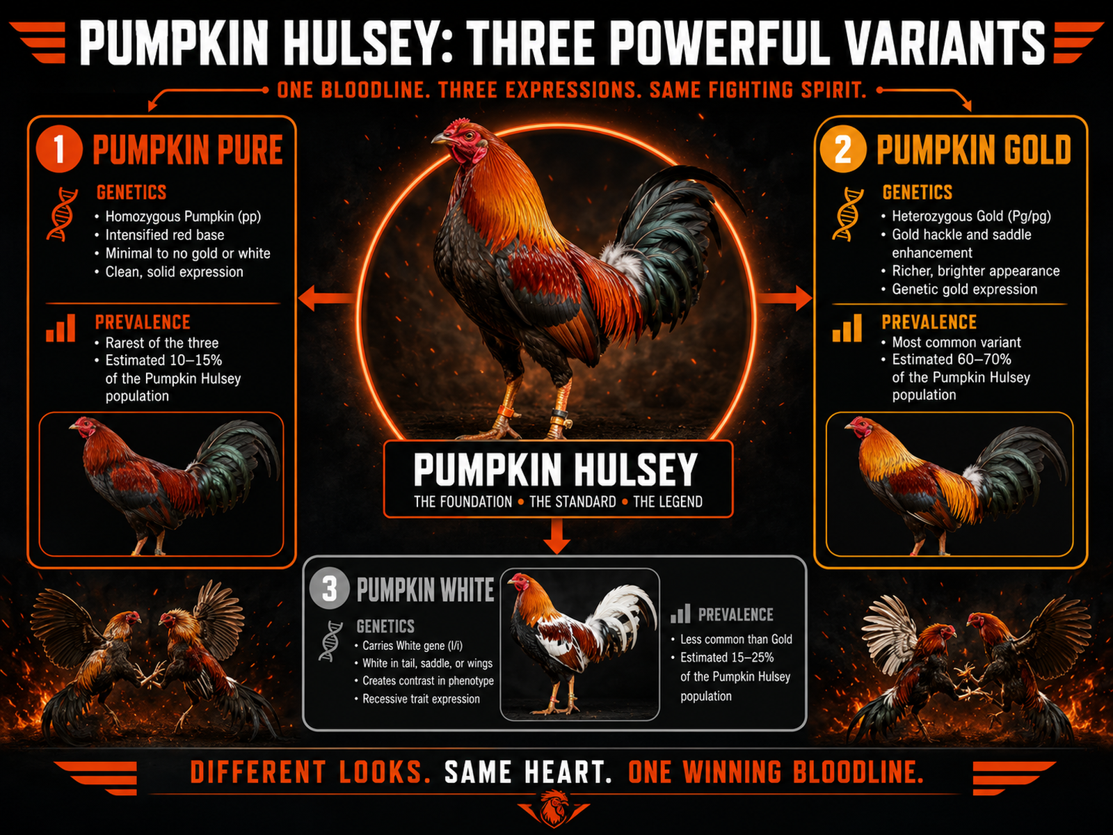 Hình so sánh 3 biến thể màu lông gà chiến Pumpkin Hulsey: Pure, Gold, White, kèm thông tin gen và độ phổ biến