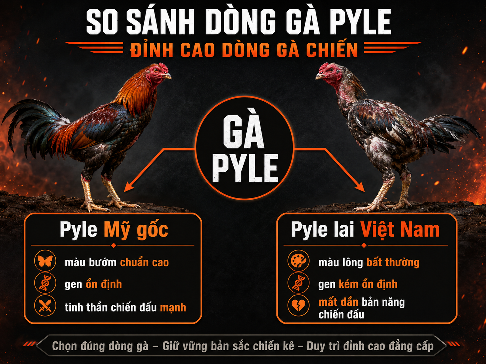 So sánh nguồn gốc gà Pyle Mỹ gốc và Pyle lai Việt Nam, minh họa đặc tính gen bướm và chiến đấu