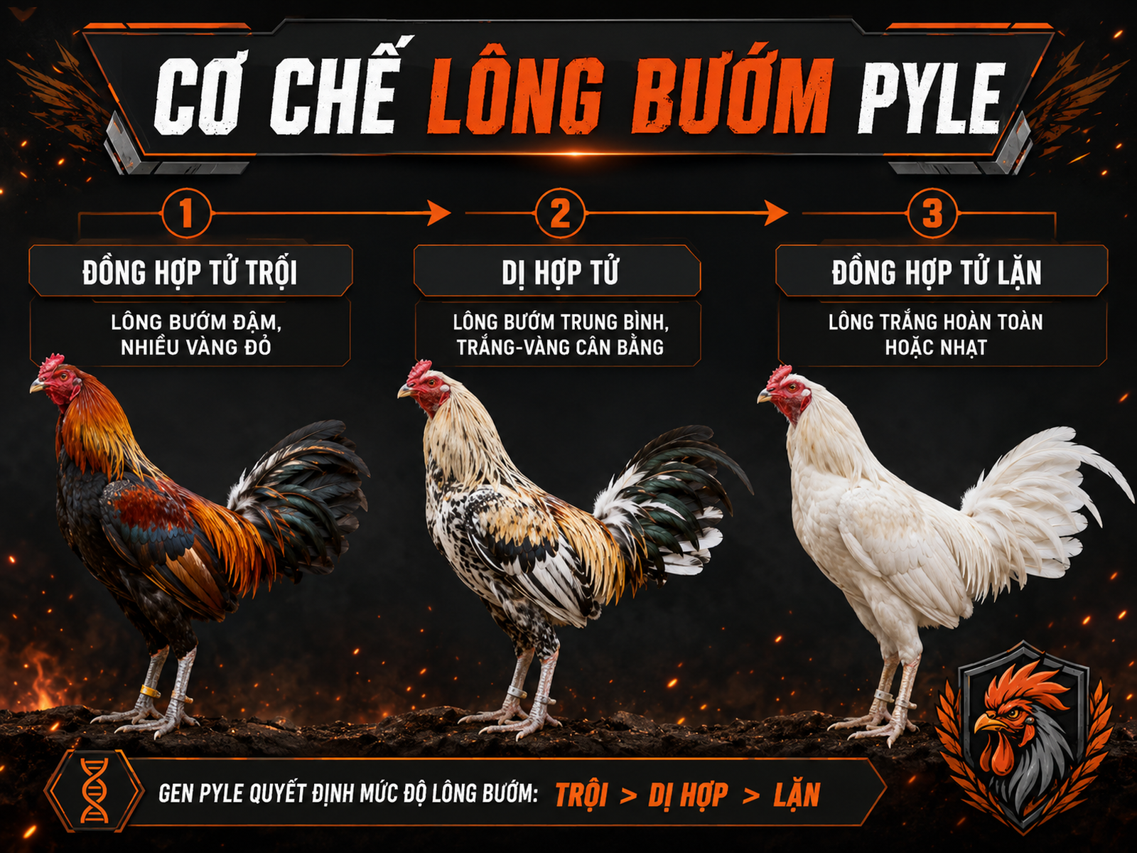 Cơ chế gen bướm bất toàn gà Pyle, biểu đồ so sánh đồng hợp tử trội, dị hợp tử, đồng hợp tử lặn