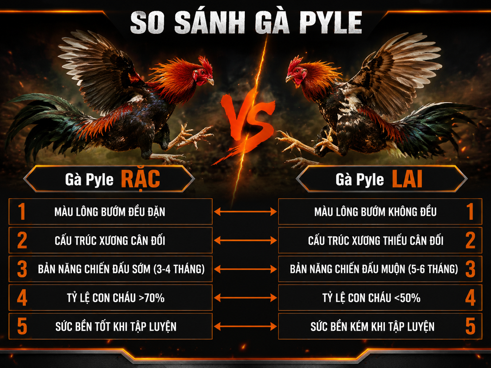 Hình minh hoạ so sánh gà Pyle rặc và gà Pyle lai theo 5 đặc điểm nhận biết, phong cách gà chiến Nghĩa Gò Công