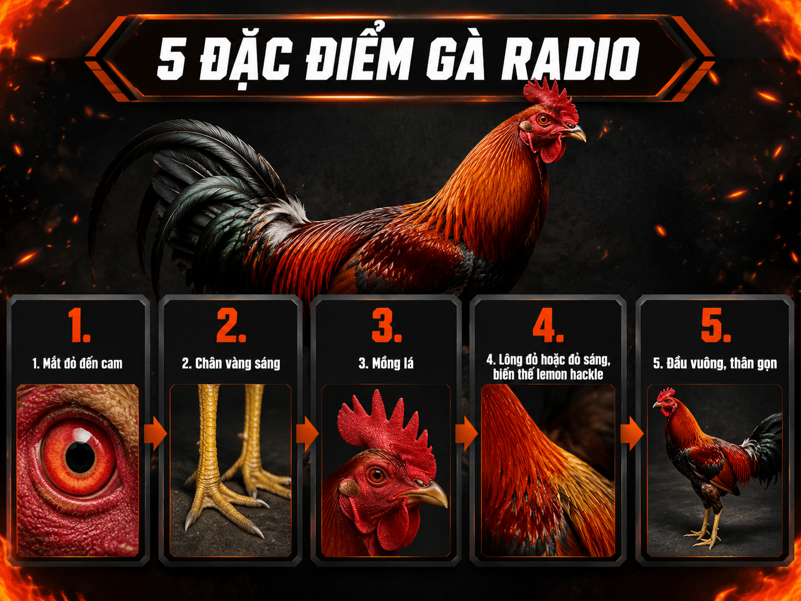 Infographic các đặc điểm nhận diện gà Radio thuần chủng, từ mắt, chân, mồng, lông đến hình dạng đầu và thân, phong cách chiến đấu mạnh mẽ.
