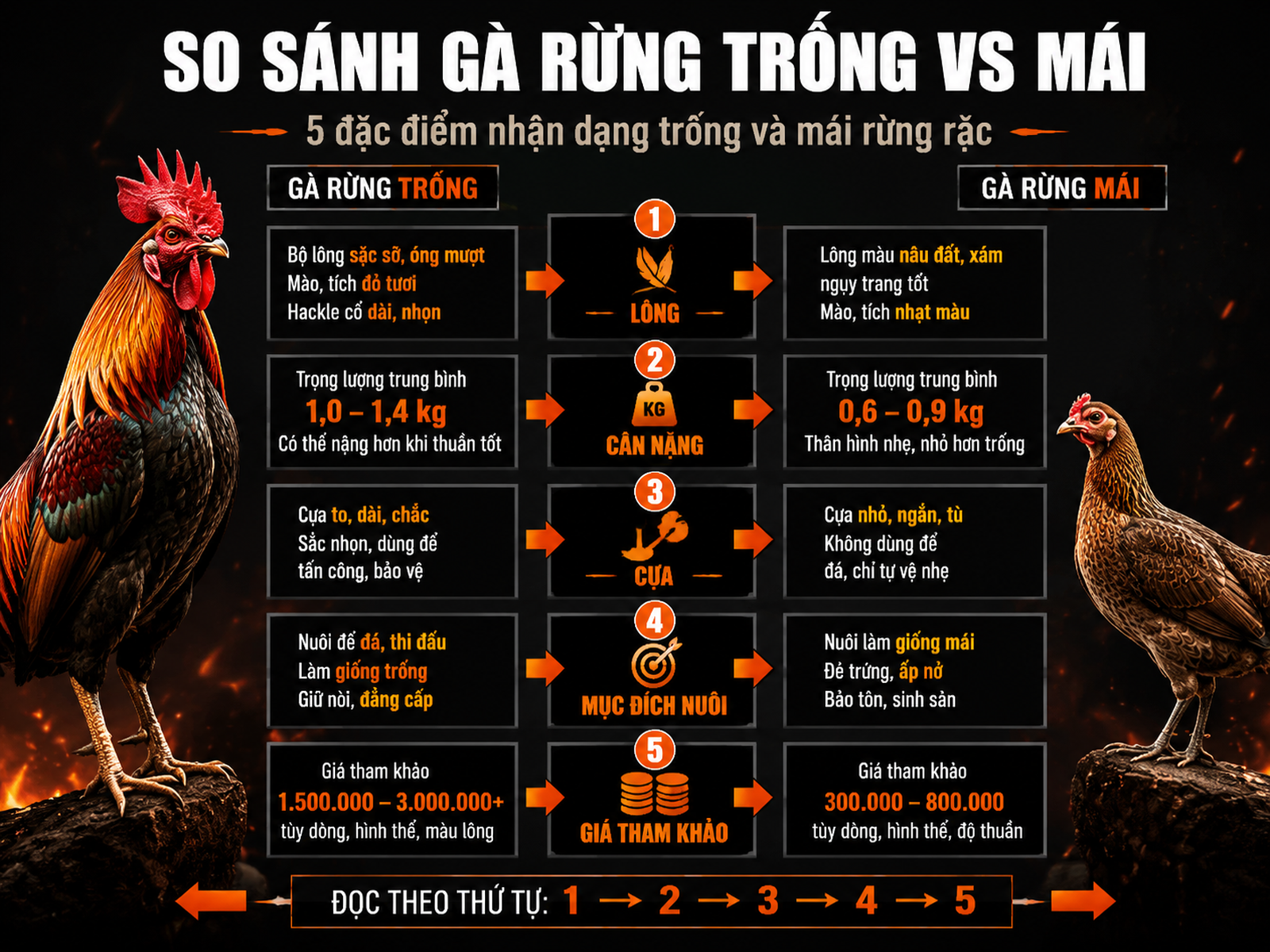 So sánh gà rừng trống và mái rặc qua lông, cân nặng, cựa, mục đích nuôi và giá tham khảo, thiết kế dark combat.