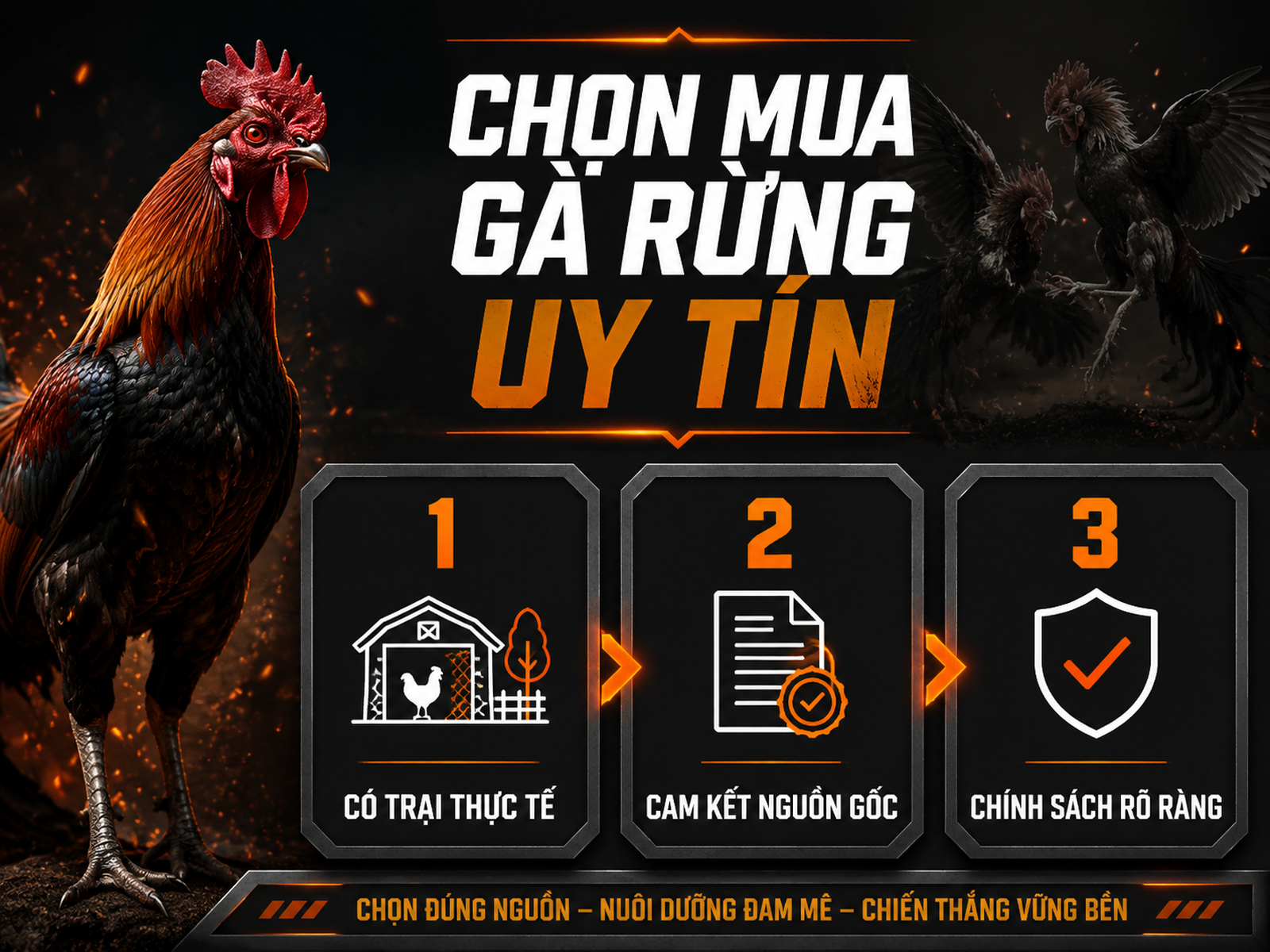 Infographic 3 bước chọn mua gà rừng uy tín, có icon minh họa và gà chiến