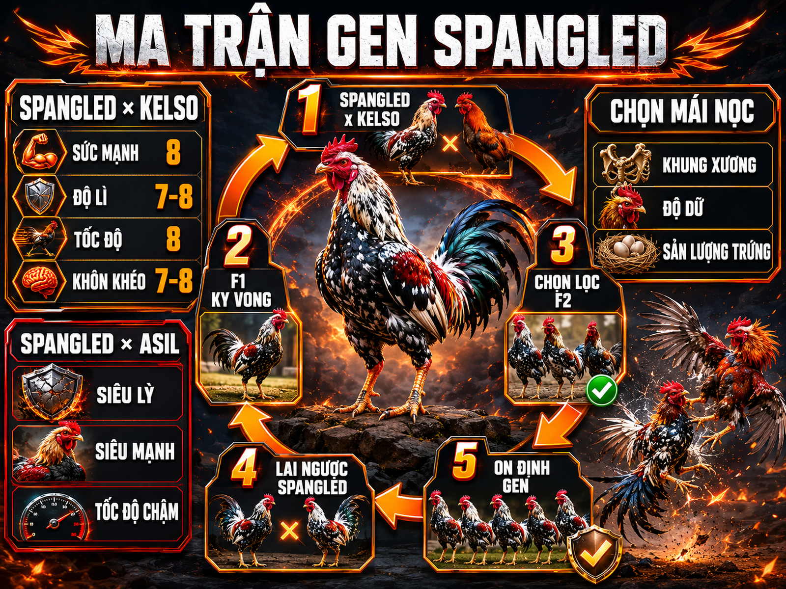Infographic ma trận gen lai tạo gà Spangled với Kelso và Asil, quy trình chọn lọc F2 và chọn mái nọc