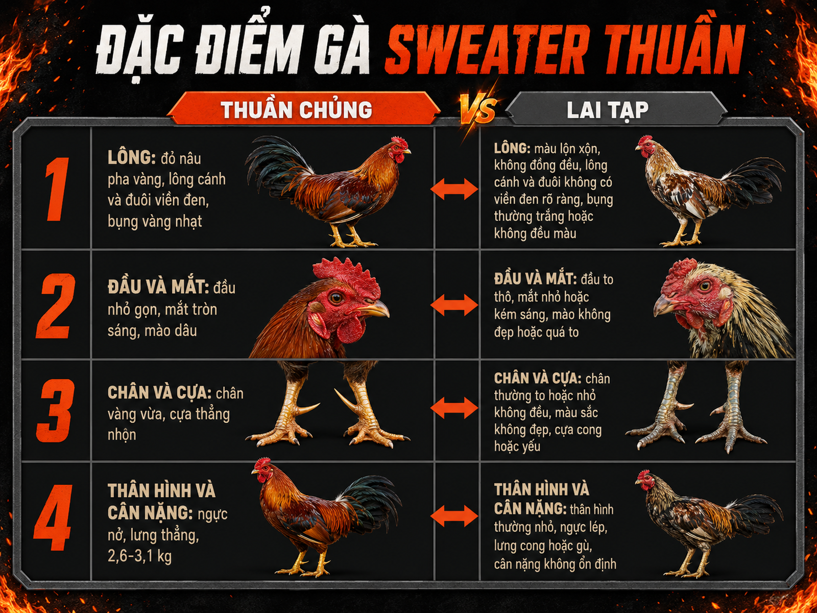 Infographic minh họa 4 đặc điểm nhận biết gà Sweater thuần chủng, so sánh với gà lai tạp, phong cách dark combat