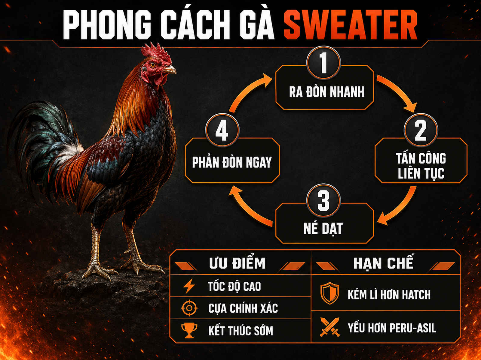 Infographic phong cách thi đấu gà Sweater với vòng tuần hoàn tốc độ, né dạt, phản đòn và kết thúc sớm