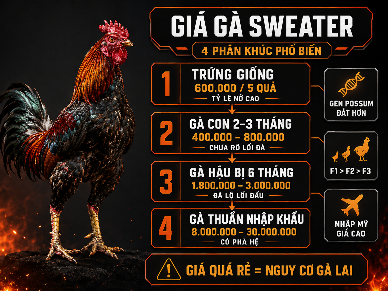 Infographic giá gà Sweater theo phân khúc tại Việt Nam với bảng giá và yếu tố ảnh hưởng