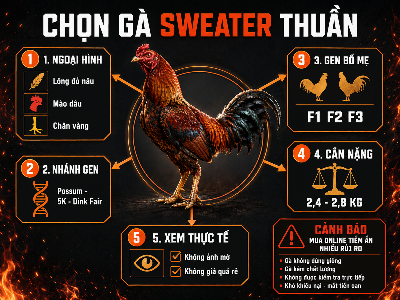 Infographic cách chọn mua gà Sweater thuần chủng với checklist ngoại hình, gen và cảnh báo mua online
