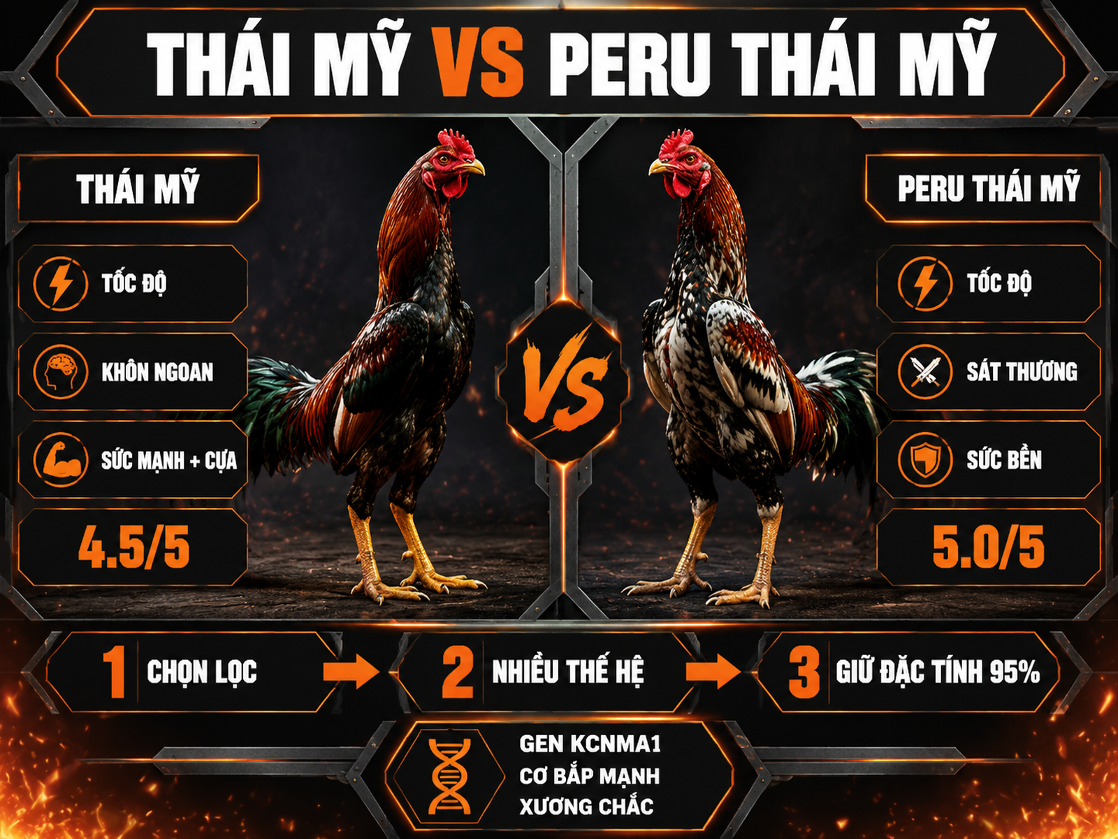 Infographic so sánh gà Thái Mỹ và Peru Thái Mỹ cùng quy trình lai tạo chọn lọc nhiều thế hệ.