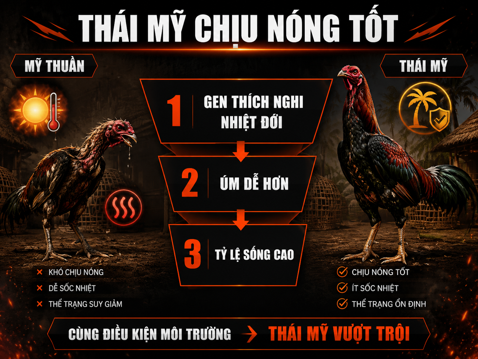 Infographic so sánh gà Thái Mỹ và gà Mỹ thuần về khả năng chịu nóng, úm dễ và thích nghi khí hậu Việt Nam.