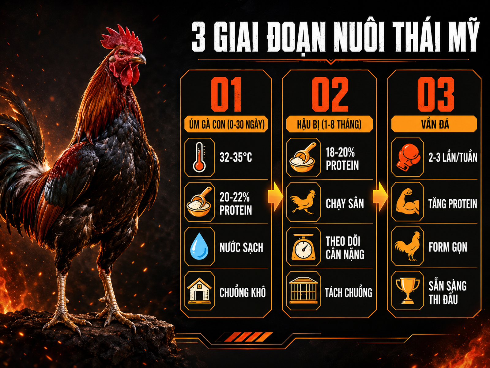 Infographic 3 giai đoạn nuôi gà Thái Mỹ đạt chuẩn thi đấu từ úm gà con đến vần đá