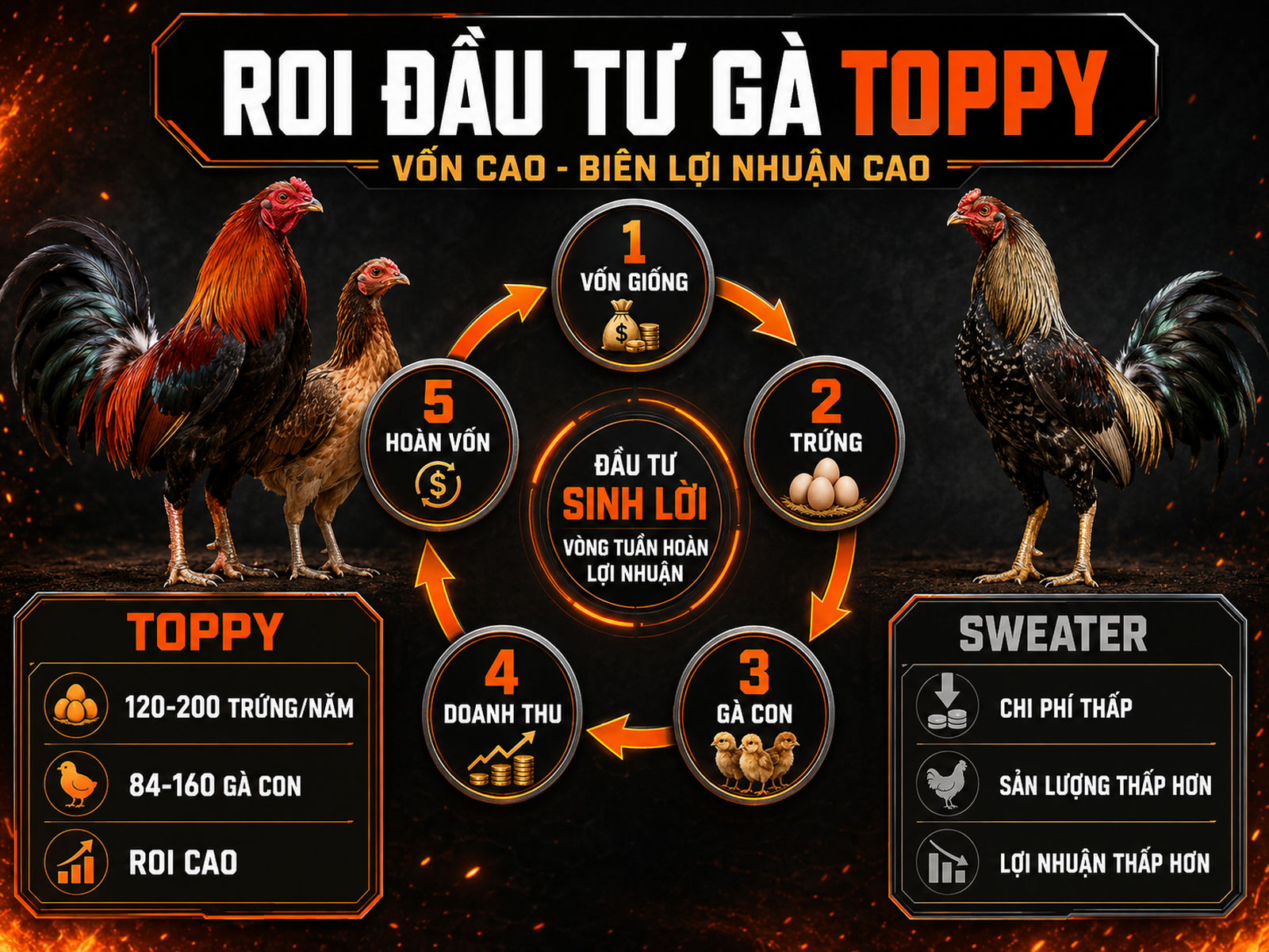 Infographic ROI đầu tư gà Toppy so sánh Sweater, vòng tuần hoàn vốn và doanh thu từ gà giống Mỹ di sản
