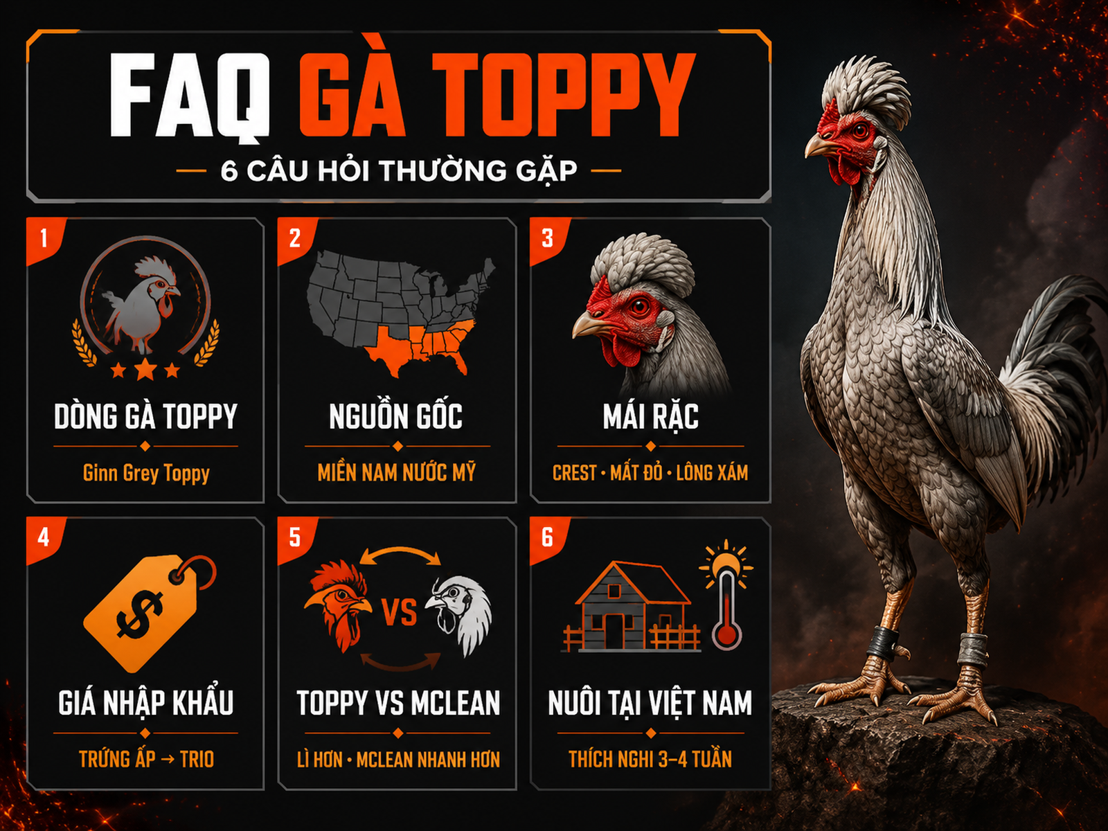 Infographic FAQ gà Toppy gồm nguồn gốc, đặc điểm, giá nhập khẩu, so sánh McLean và nuôi tại Việt Nam